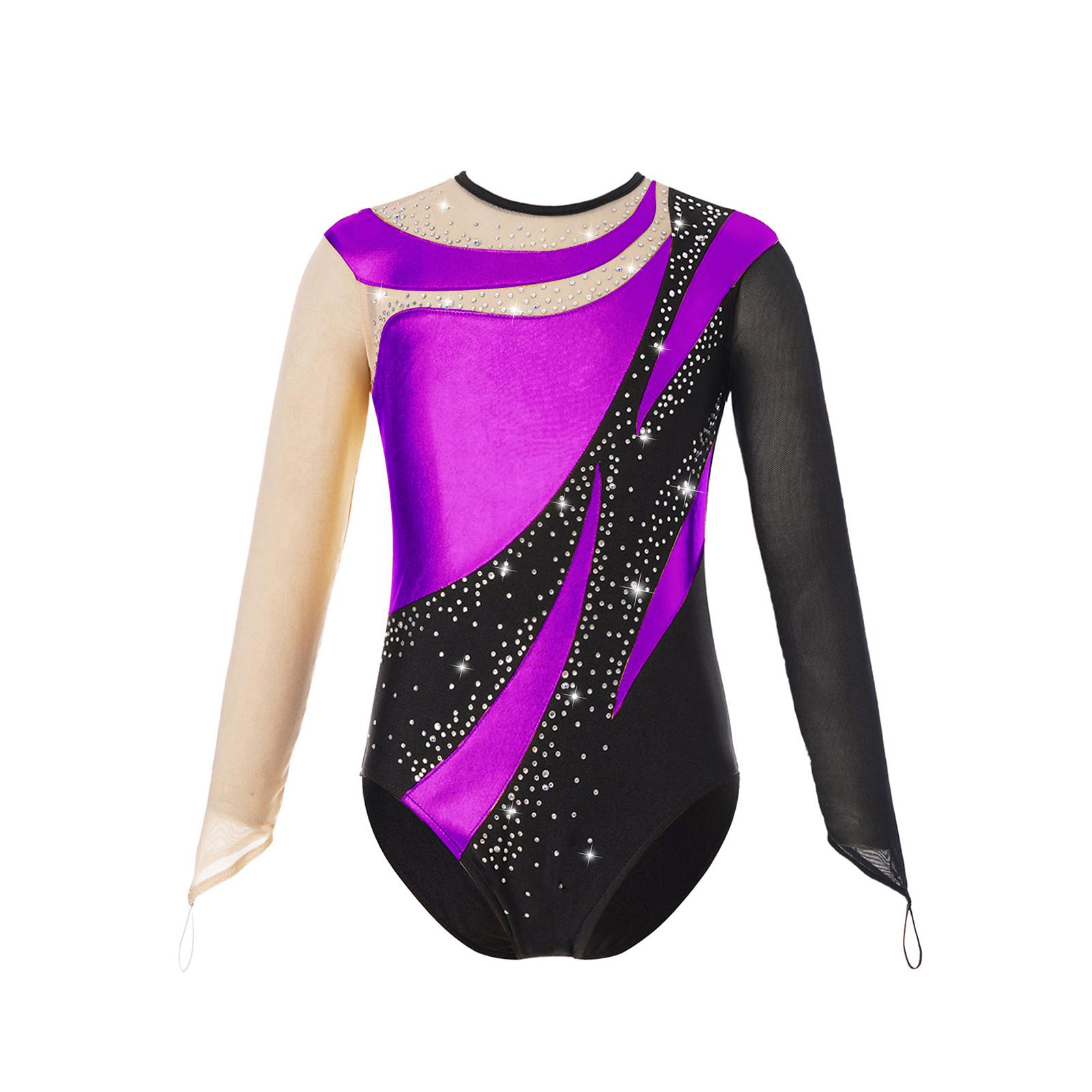 Inlzdz Kids Girls Metallic Gymnastics Jumpsuit Mesh Long Sleeve Keyhole Back Shiny Leotard Figure Skating Bodysuit 7-8 Years paars