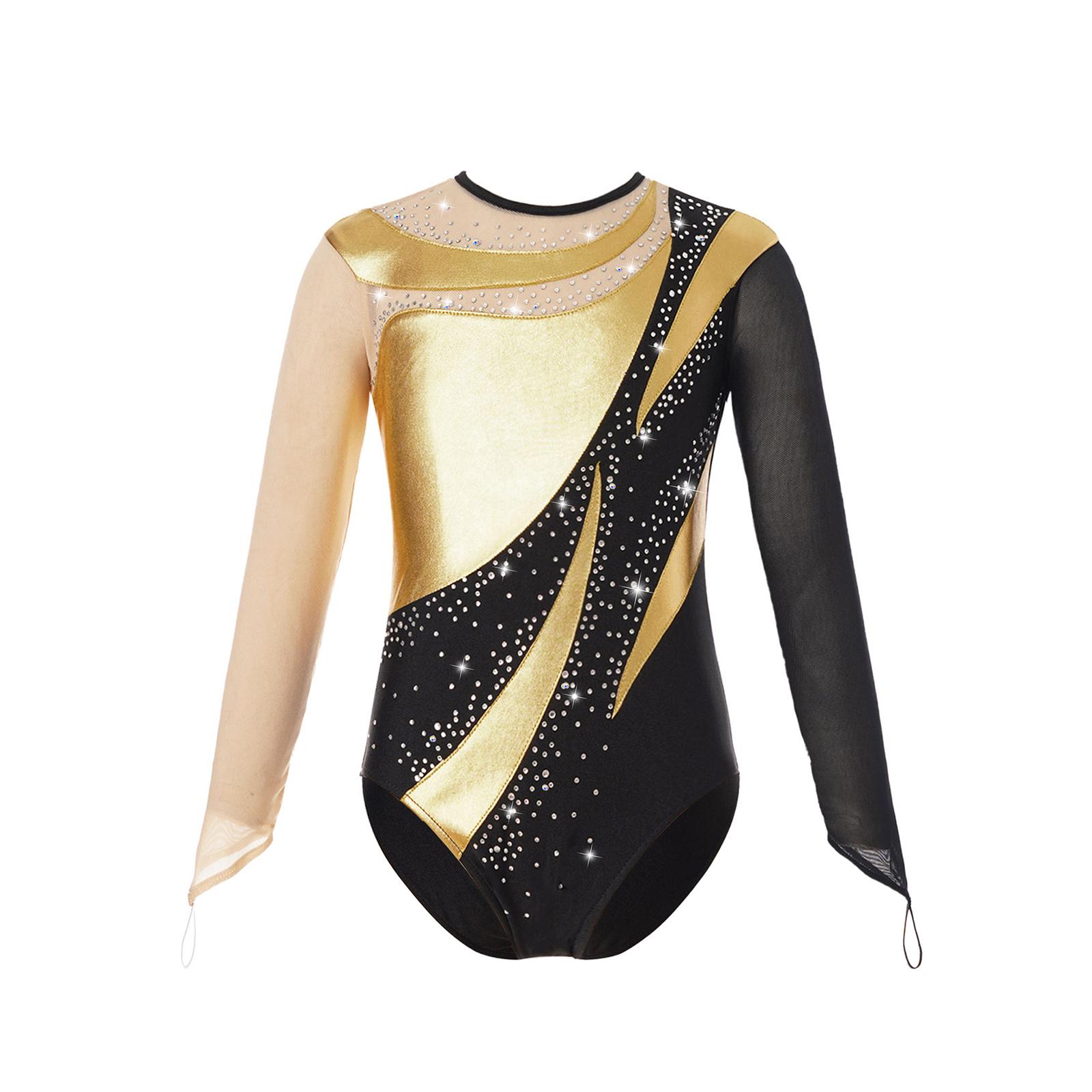 Inlzdz Kids Girls Metallic Gymnastics Jumpsuit Mesh Long Sleeve Keyhole Back Shiny Leotard Figure Skating Bodysuit 7-8 Years