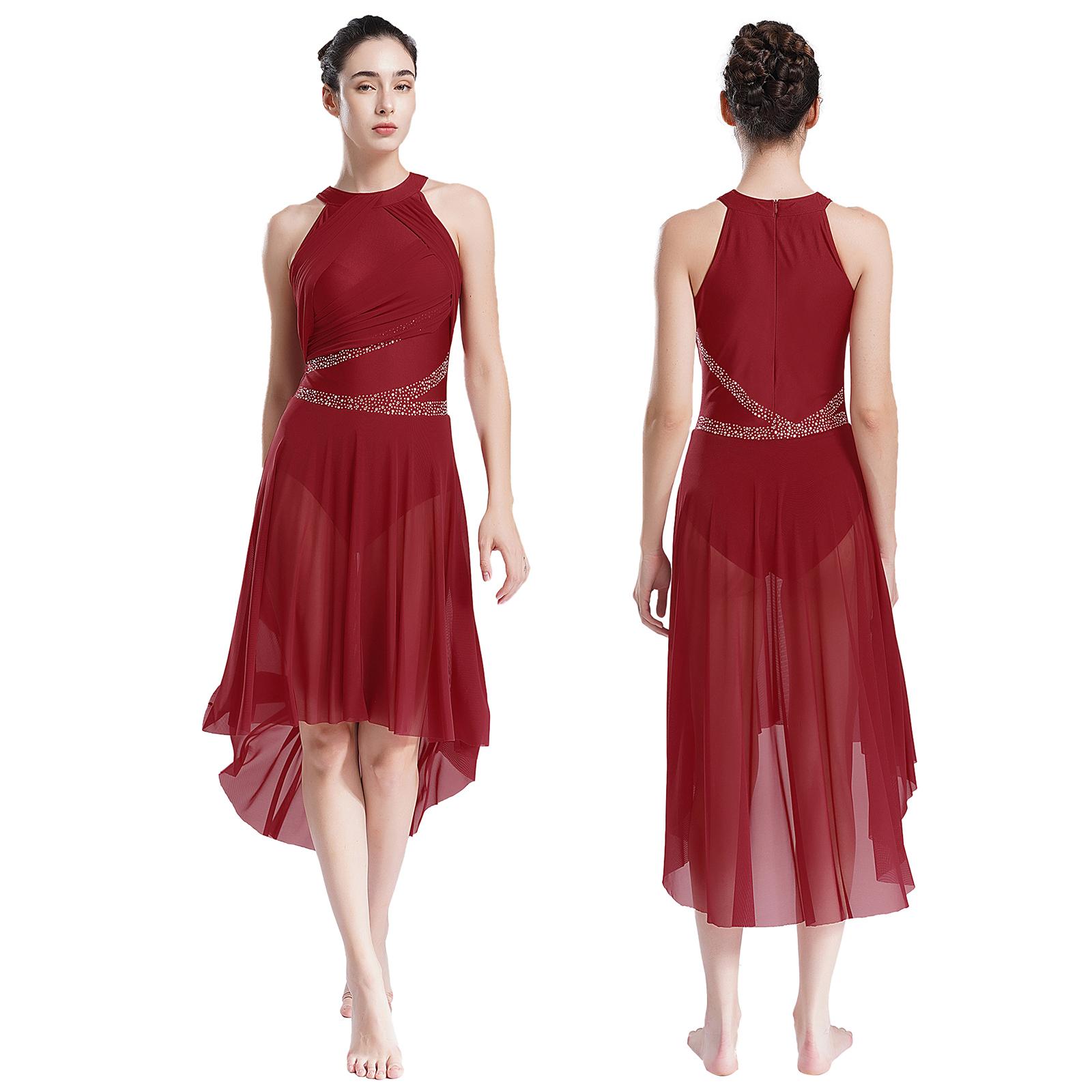 Yunduantong-electronic Dames Lyrical Ballet Ballroom Dans Leotard Danskleding Glinsterende Strass Gerimpelde Moderne Jurk Kunstrijden Gymnastiek Kostuum S