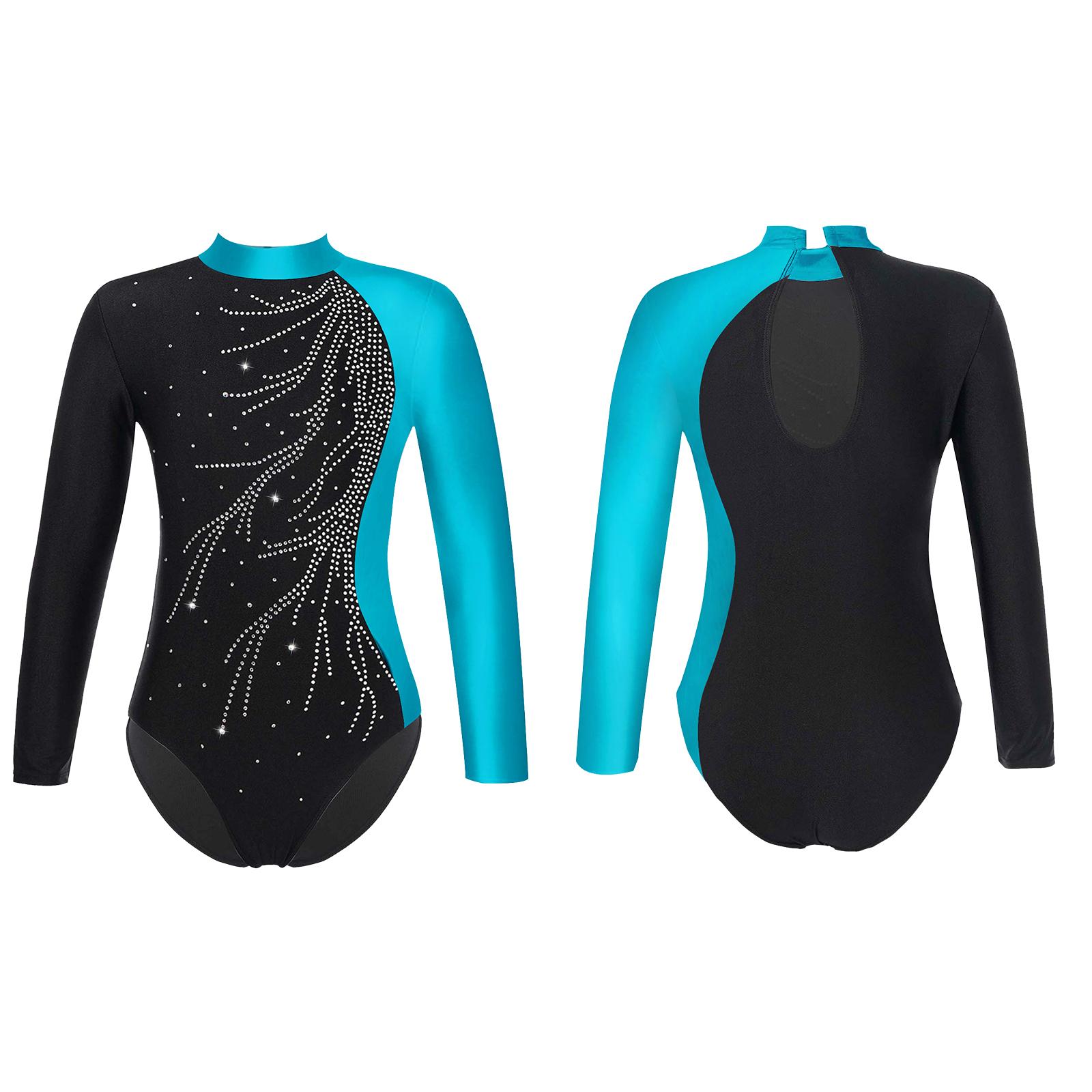ZDHoor Meisjes Dans Gymnastiek Turnpakje Lange Mouw Faux Diamanten Versierd Sleutelgat Achterstijl Romper Kinderen 12-14 Years