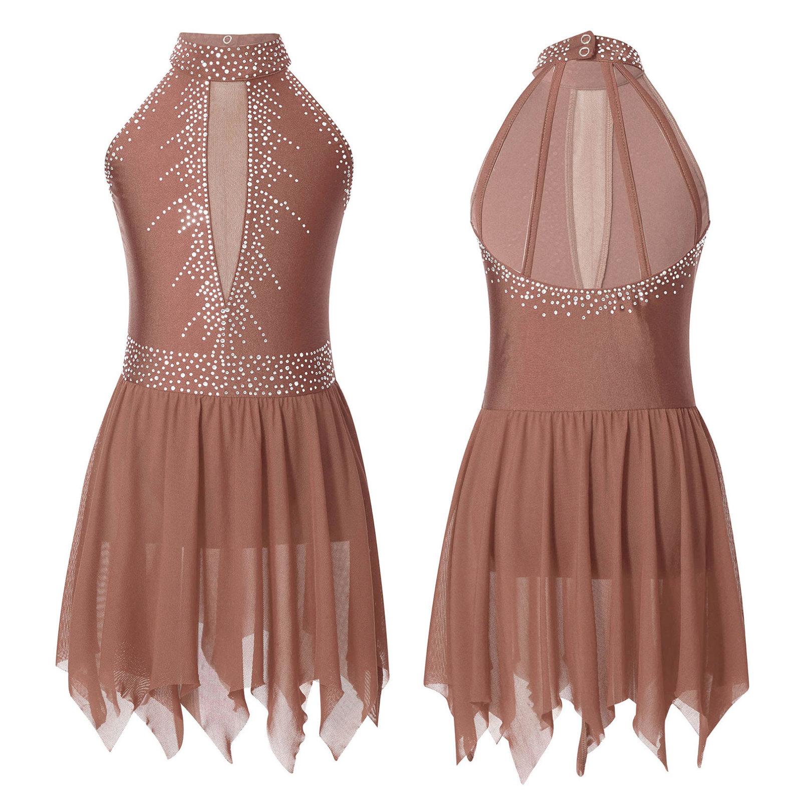 Manyakai Kinderen Meisjes Figuur Schaatsen Dans Jurk Mouwloos Glanzende Strass Mesh Turnpakje Tutu Ballet Gymnastiek Lyrische Jurken 11-12 Years