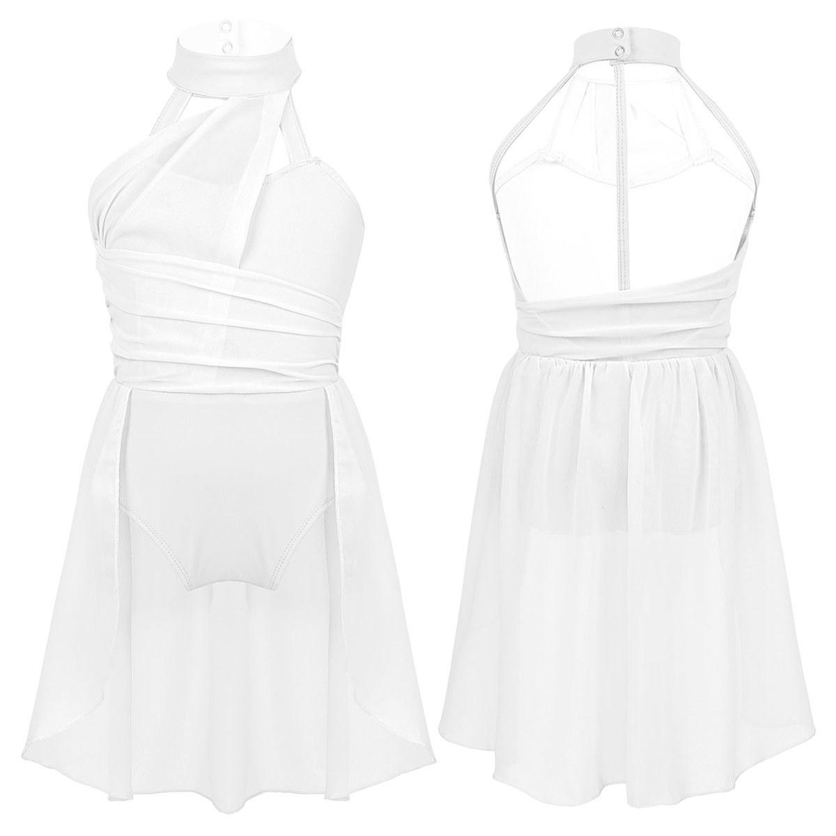 Sxiwei Meisjes Lyrische Jurk Ruches Chiffon Lijfje Gekooide Rug Dans Turnpakje Jurk Kinderen Danskleding 12-14 Years