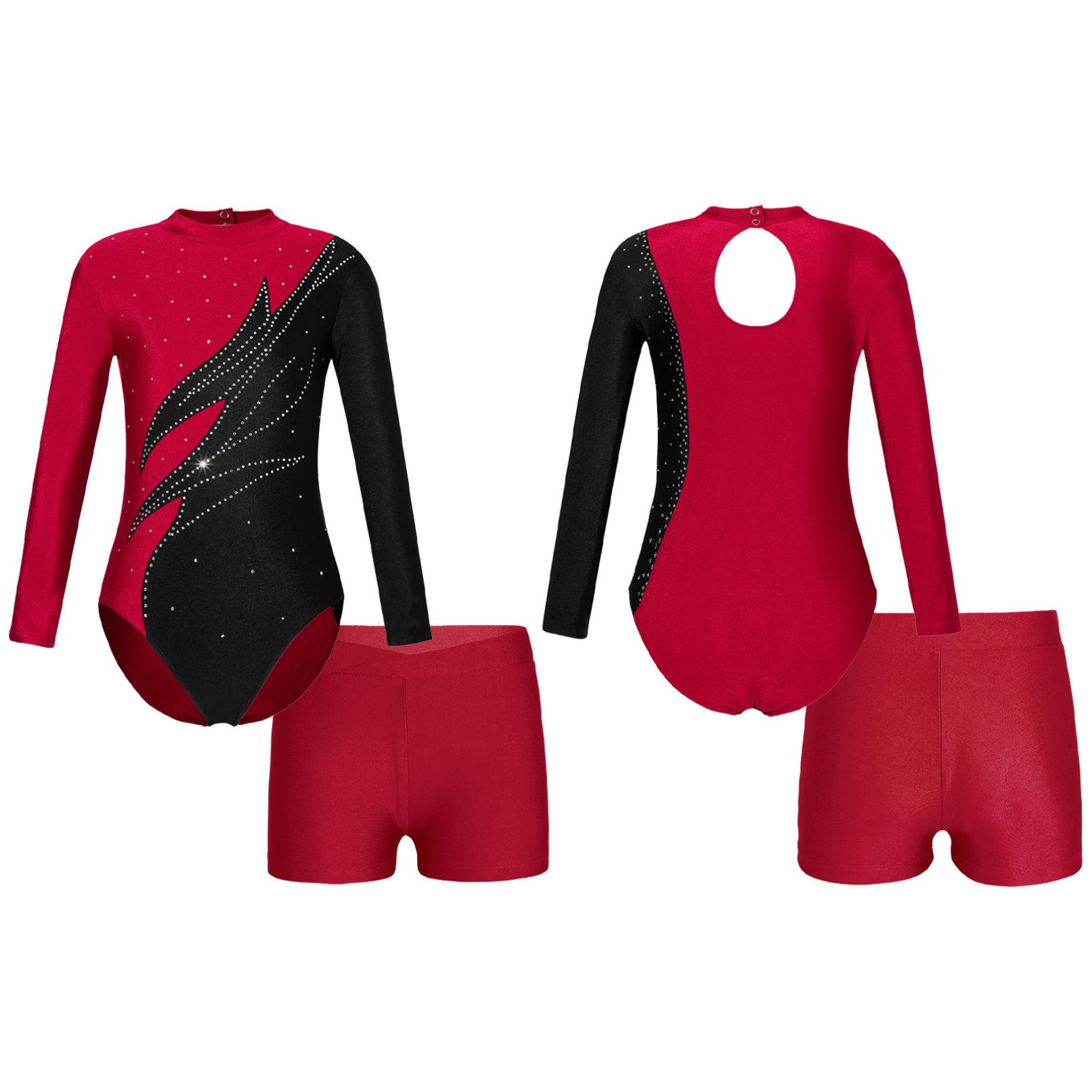 Daenrui Kinderen meisjes lange mouw mock hals glanzende strass decor turnpakje met shorts voor dans gymnastiektraining bordeaux