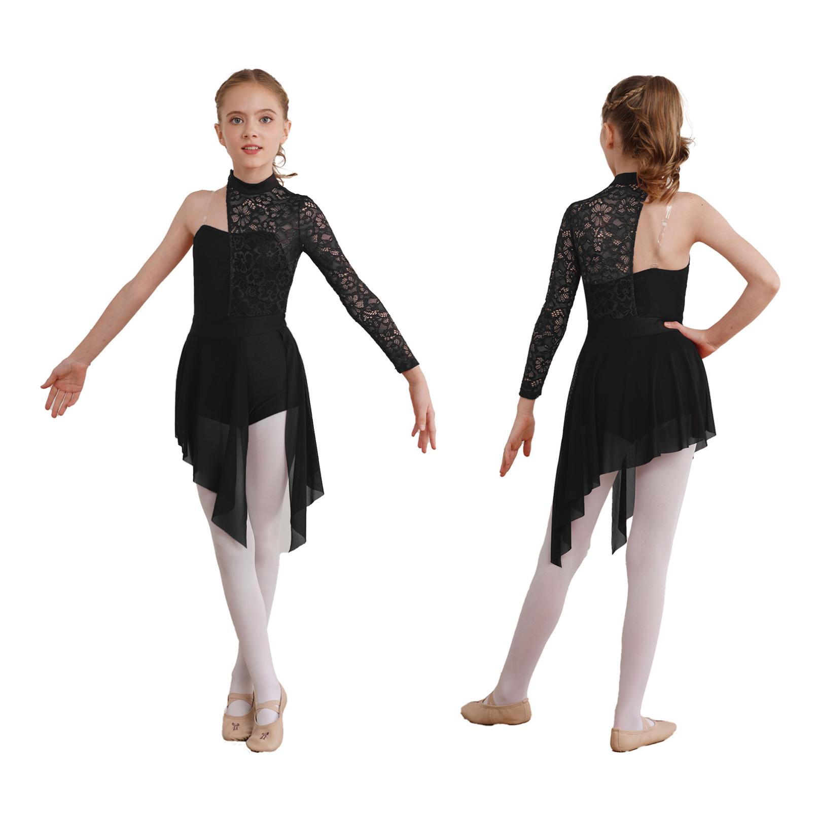 Tiaobug Gymnastiek maillots voor meisjes asymmetrisch ballet lyrische dansjurk met lange mouwen kunstschaatsen toneelkostuum 7-8 Years