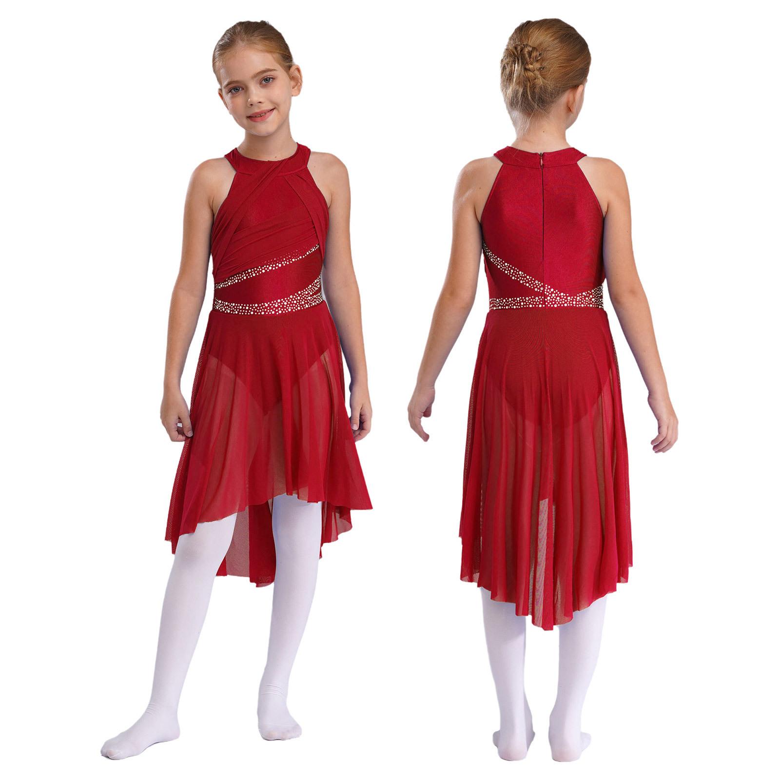 Tiaobug Kinderen Meisjes Lyrical Latijns Dans Jurk Mouwloos Sprankelende Strass Gerimpelde Leotard Danskleding voor Moderne Dans 5-6 Years
