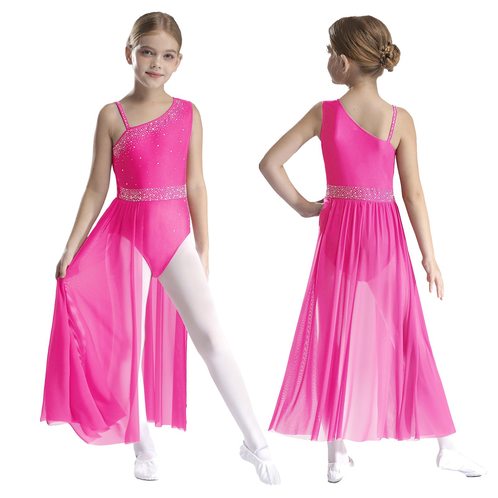 RUNQHUI Kinderen Meisjes Ballet Lyrische Dans Jurk Gymnastiek Leotard met Rok Transparante Mesh Kunstschaatsen Moderne Hedendaagse Dans Kostuum 5-6 Years