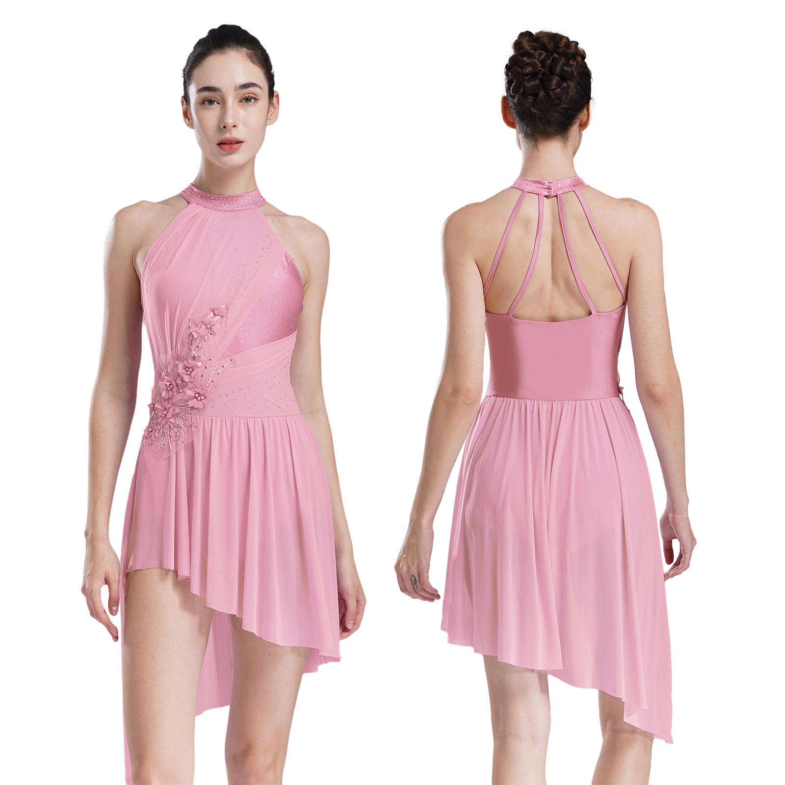 Daenrui Vrouwen Ballet Lyrische Dansjurken voor Kunstschaatsen Halter Strappy Rug Asymmetrische Zoom Glanzende Strass Leotard Jurk S