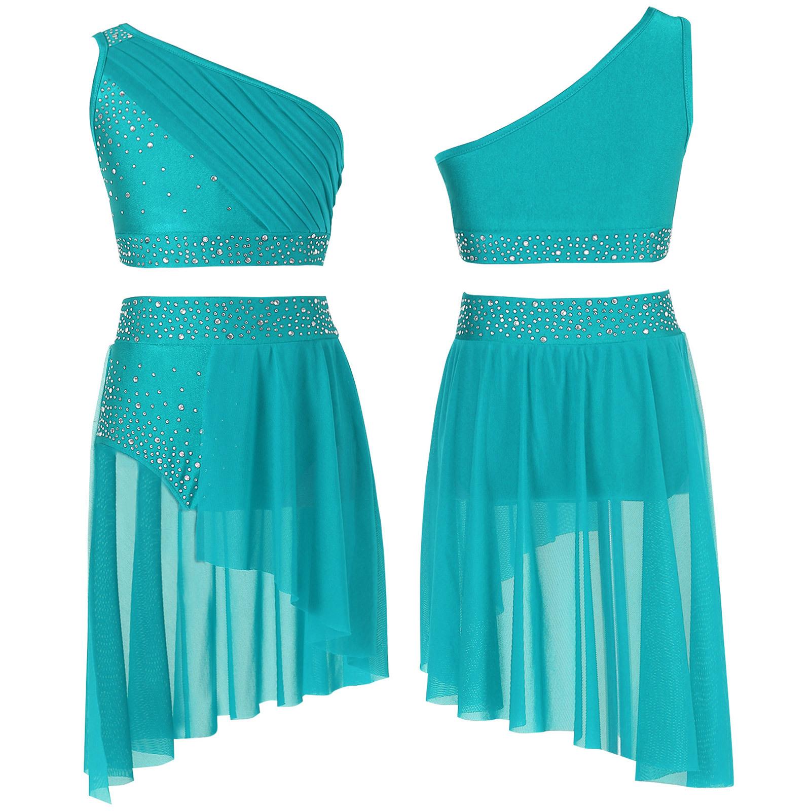 YOOJIA Kinderen Meisjes 2 Stuks Dans Outfit Ballet Gymnastiek Turnpakje Atletische Crop Top met Tutu Rok Lyrische Dans Jurk 5-6 Years blauw/groen