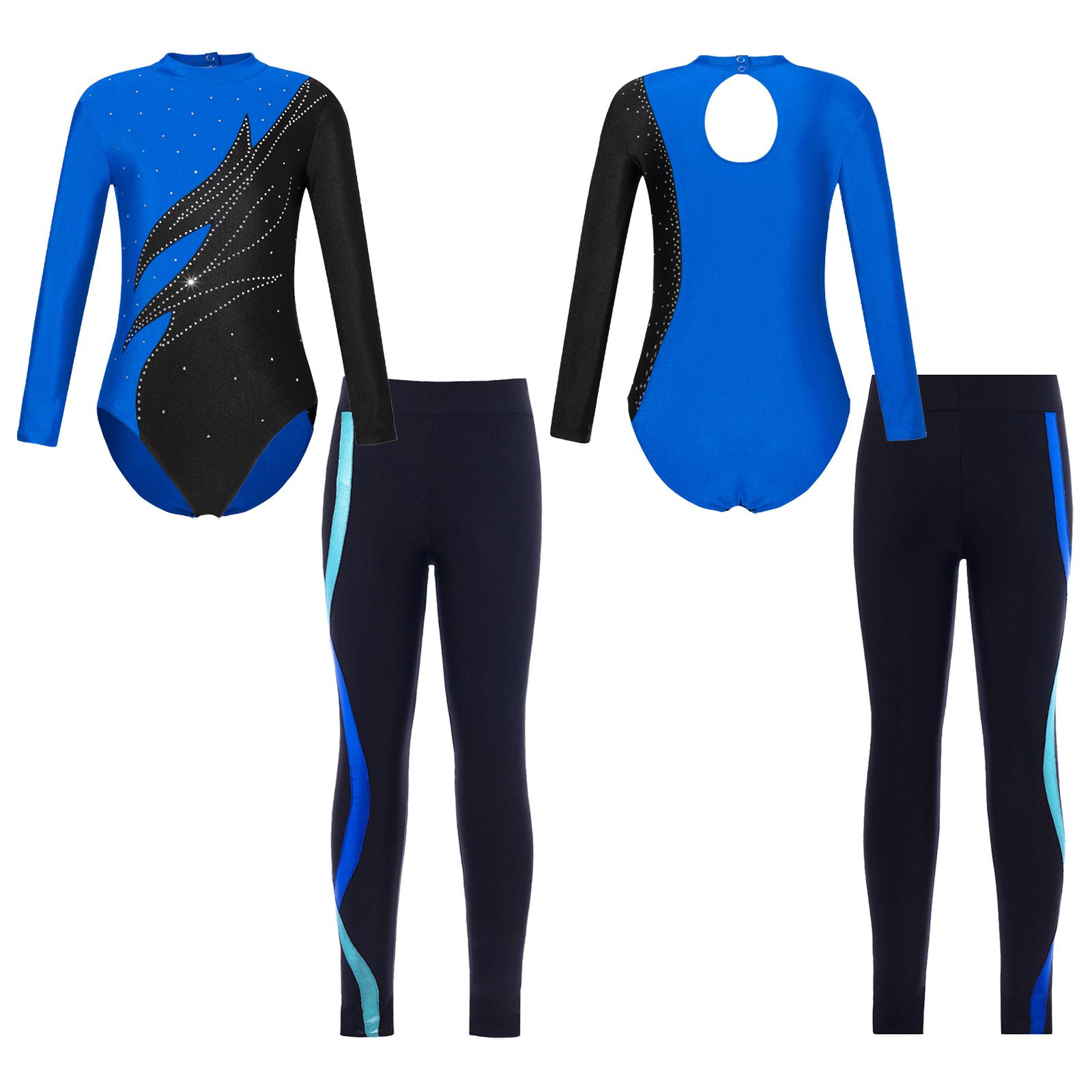 Fldy Meisjes Gymnastiek Schaatsen Dansoutfits Lange mouw Mock Neck Turnpakje en leggings Kinderdanskleding 11-12 Years blauw