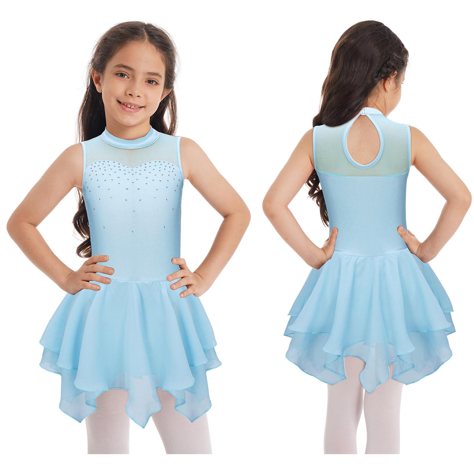 Linjinx Meisjes Mouwloze Strass Ballet Dans Jurk IJs Schaats Jurk Ballerina Wedstrijd Danskleding 7-8 Years lichtblauwe kleur