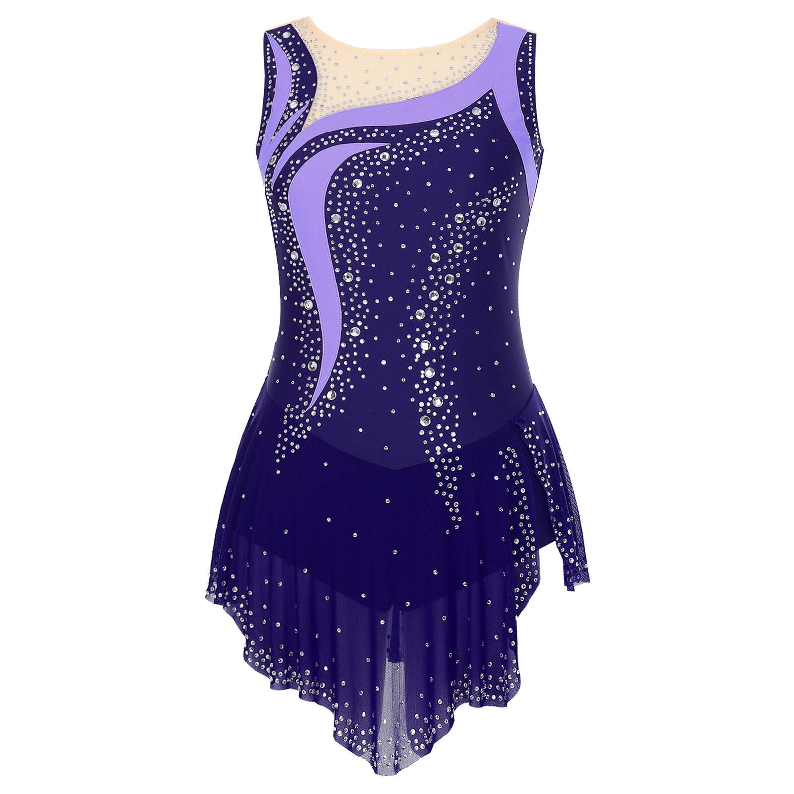 Inlzdz Dames Glanzende Strass Ritmische Dans Gymnastiek Leotard Mouwloos Rolschaatsen Danskostuum Ballet Lyrische Bodysuit Jurk L marineblauwe kleur