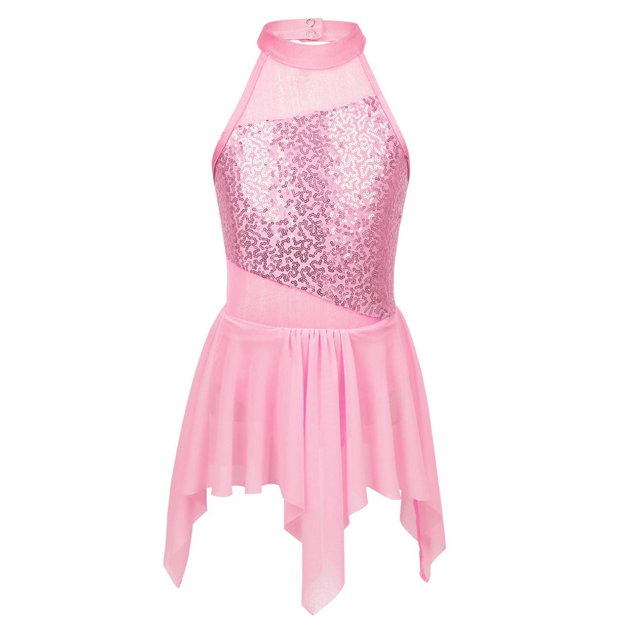 Inhzoy Kinderen meisjes mouwloze glanzende pailletten asymmetrische zoom ballerina lyrische moderne dans turnpakje jurk 7-8 Years