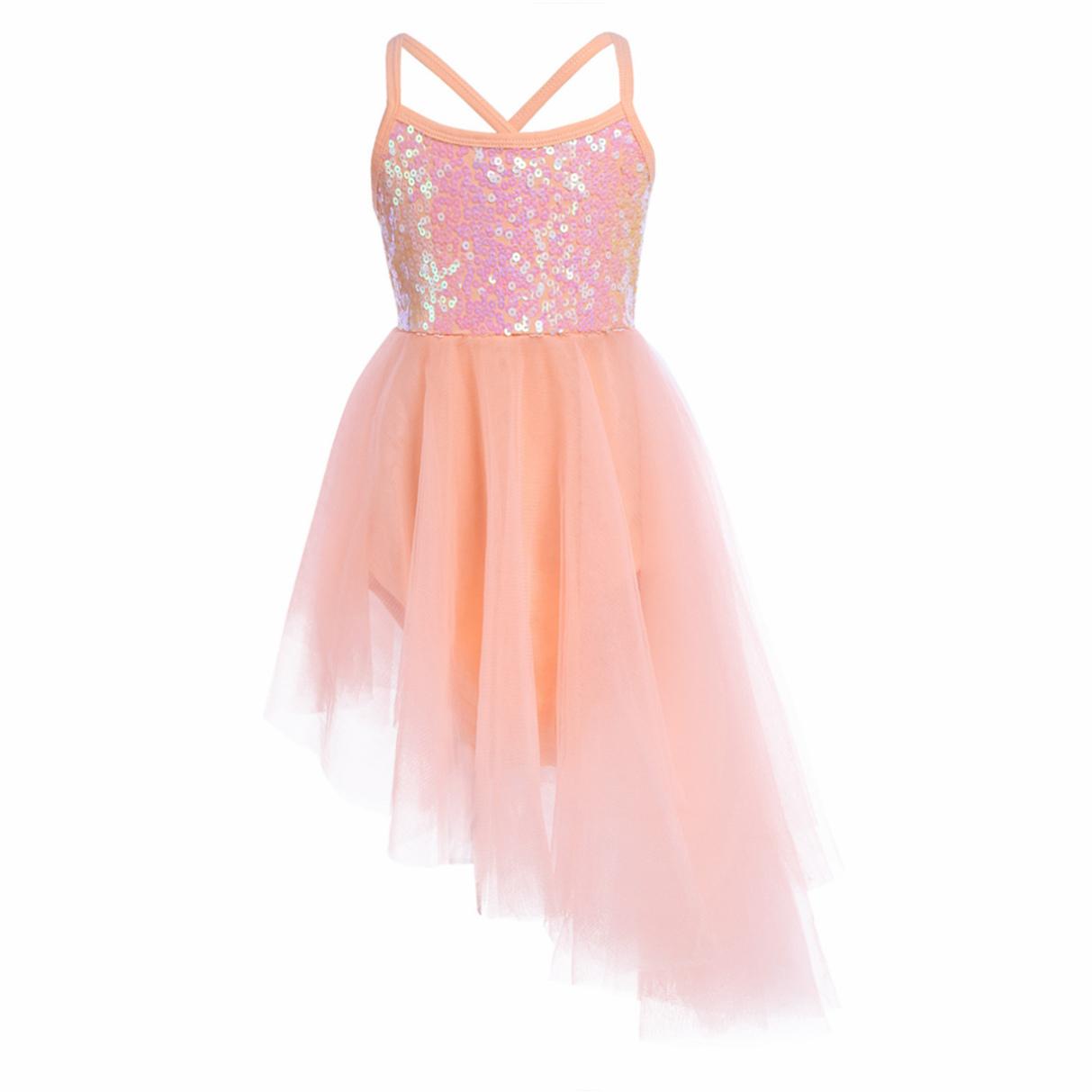 Manyakai Kinderen Meisjes Stage Dance Kleding Mouwloze Pailletten Asymmetrische Tule Ballet Dans Gymnastiek Turnpakje Jurk 9-10 Years