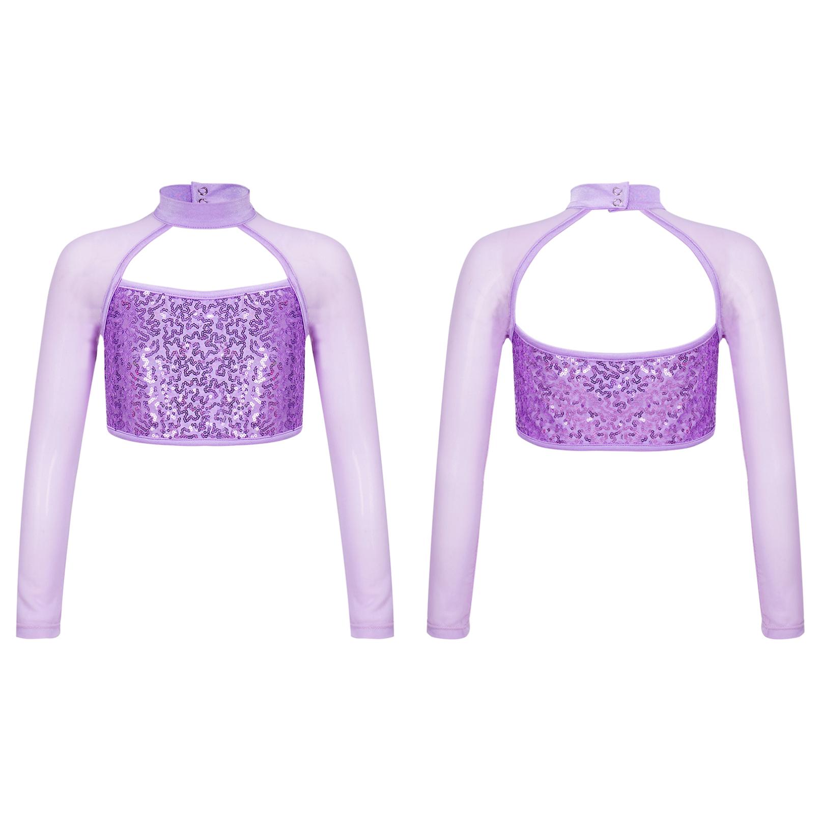 YOOJIA Kinderen Meisjes Glanzende Pailletten Crop Tops Mesh Gesplitste Lange Mouw T-shirt Ballet Jazz Dans Kostuum 9-10 Years