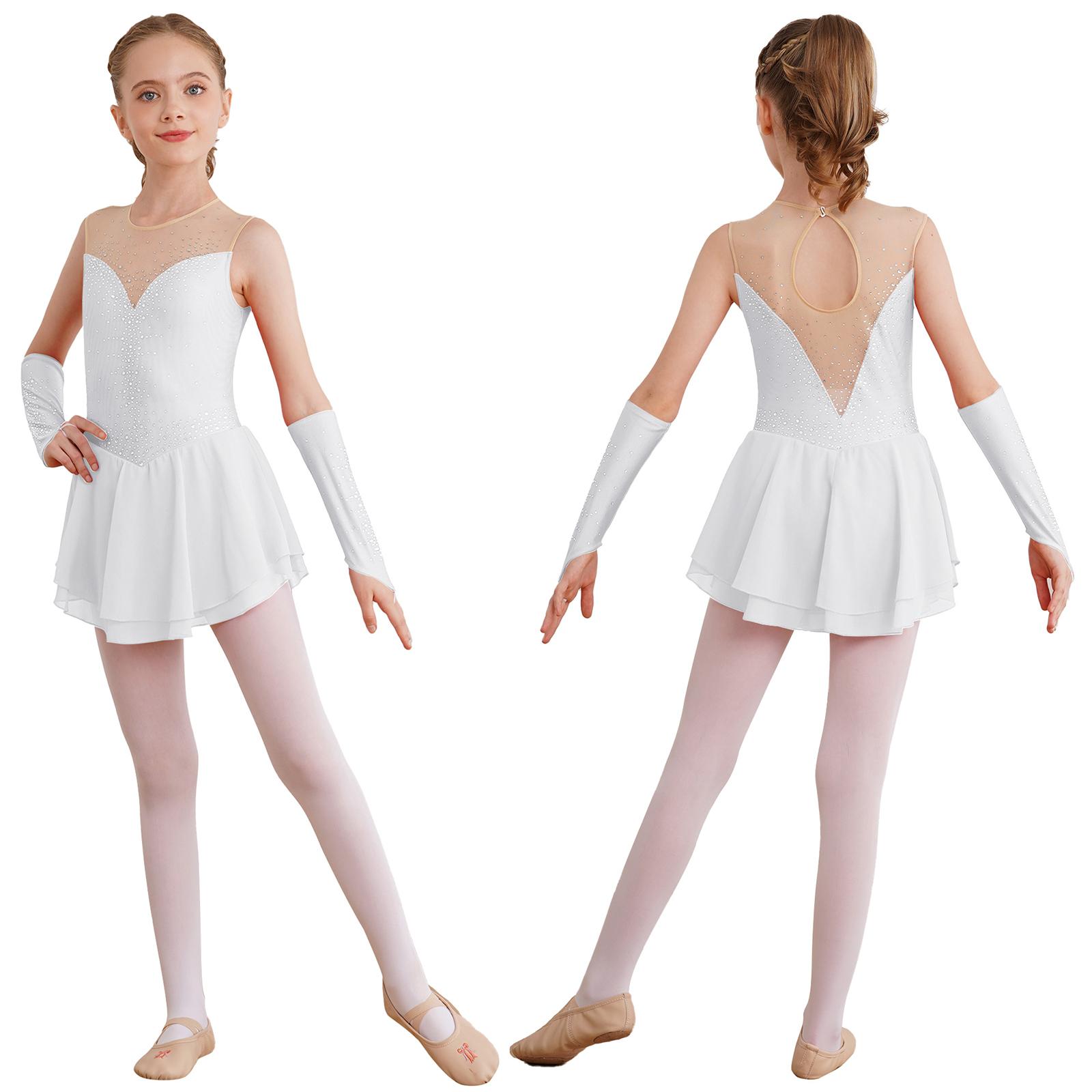 Yeahdor Kinderen Meisjes Kunstschaatsen Podium Prestatie Outfit Glinsterende Strass Sleutelgat Rug Mouwloze Dansjurk met Handschoenen 9-10 Years