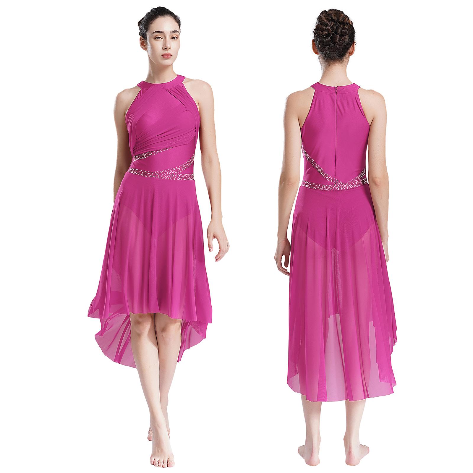 Yunduantong-electronic Dames Lyrical Ballet Ballroom Dans Leotard Danskleding Glinsterende Strass Gerimpelde Moderne Jurk Kunstrijden Gymnastiek Kostuum M