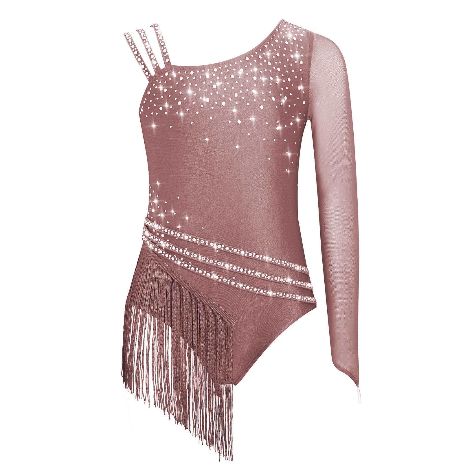 Inlzdz Meisjes glitterend strass franje leotard body met onregelmatige kwastjes voor schaatsen danswedstrijden 11-12 Years
