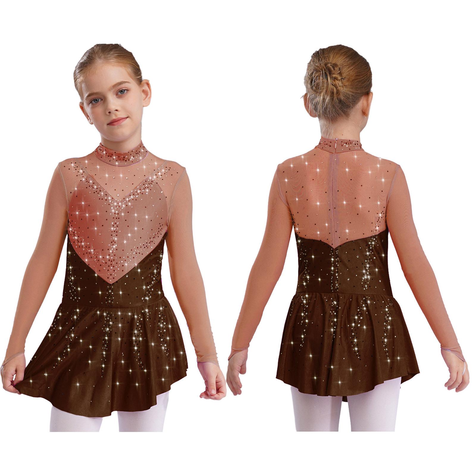 Aislor Kids Girls Figure Skating Dance Dresses Mock Neck Long Sleeve Color Block Sheer Mesh Patchwork Shiny Rhinestones Dress 15-16 Years