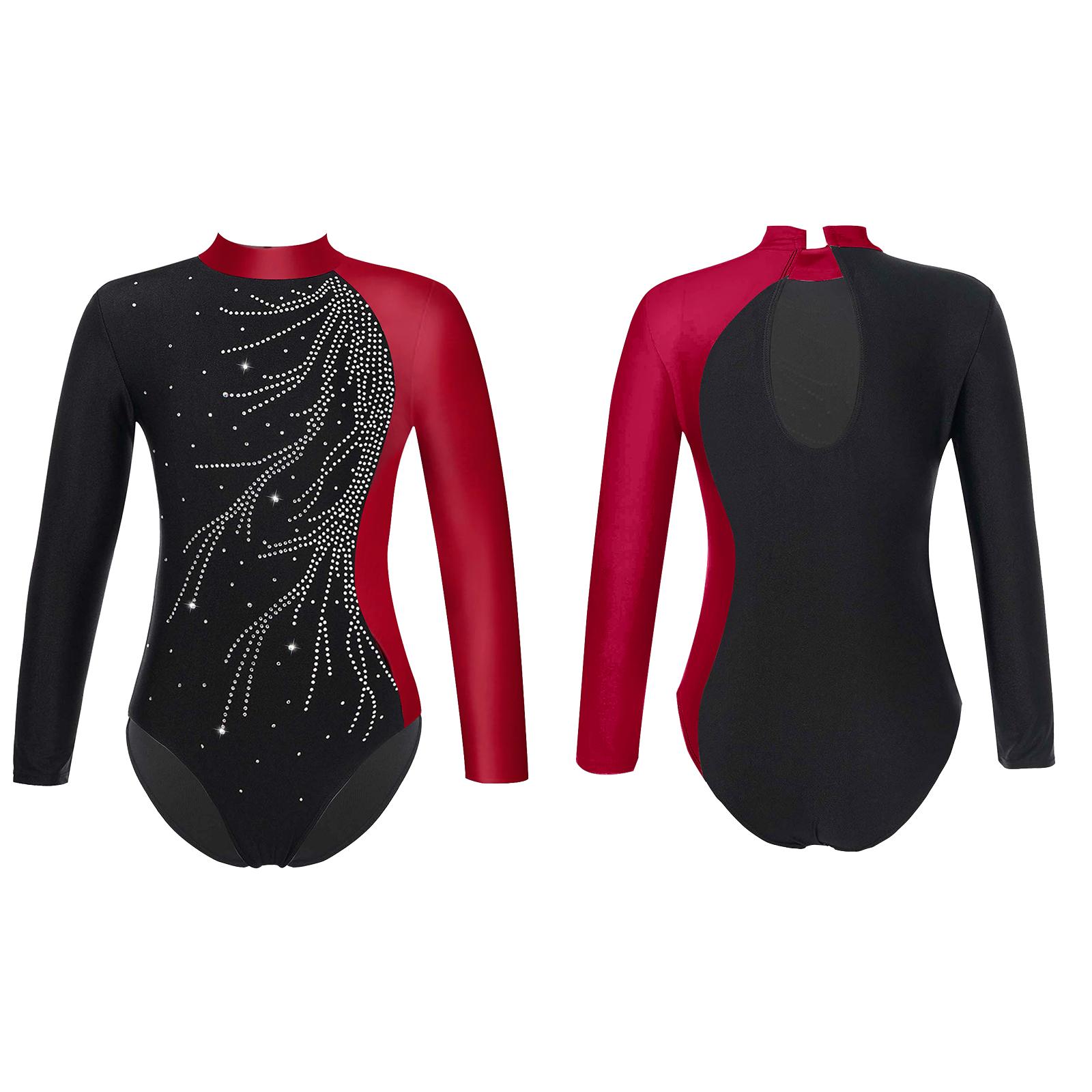 ZDHoor Meisjes Dans Gymnastiek Turnpakje Lange Mouw Faux Diamanten Versierd Sleutelgat Achterstijl Romper Kinderen 8-10 Years bordeaux