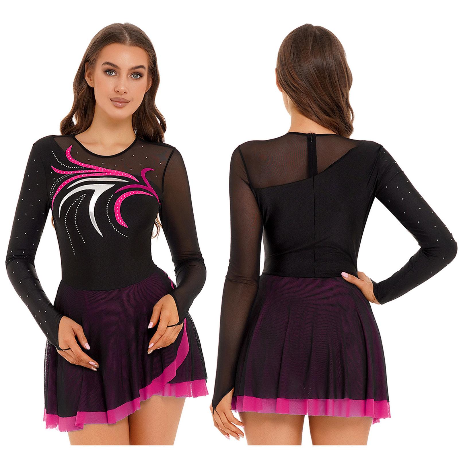 Inlzdz Womens Ballet Lyrische Dansvoorstelling Kostuums Glitter Strass Mesh Tutu Jurk Lange Mouw Figuur Schaatsen Jurken M warm roze kleur