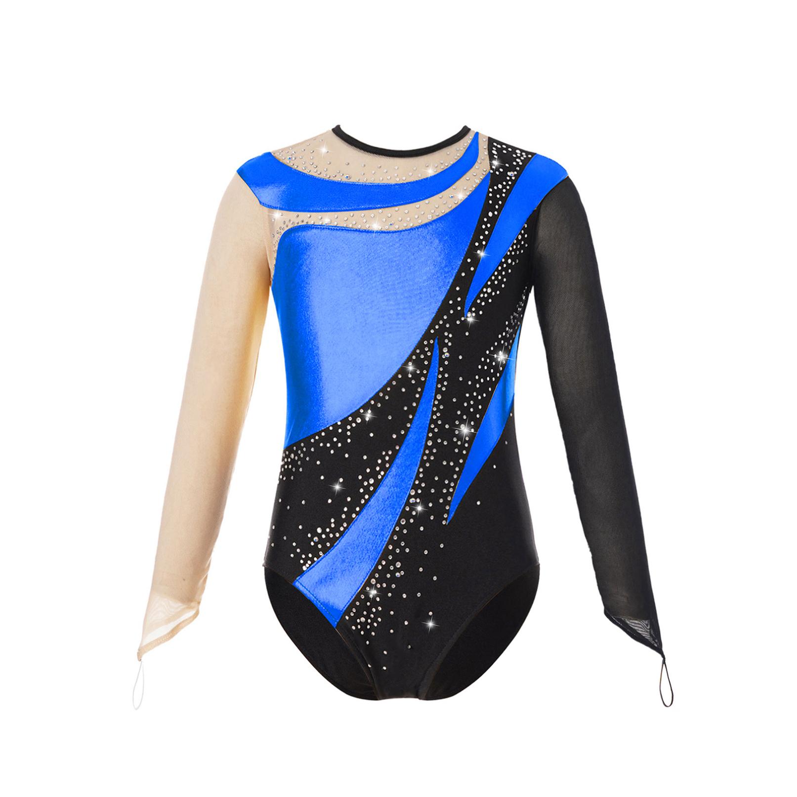 YONGHS Kinderen Meisjes Glanzend Gymnastiek Leotard Bodysuit Mesh Lange Mouw Sleutelgat Rug Metallic IJsschaatsen Jumpsuit 7-8 Years