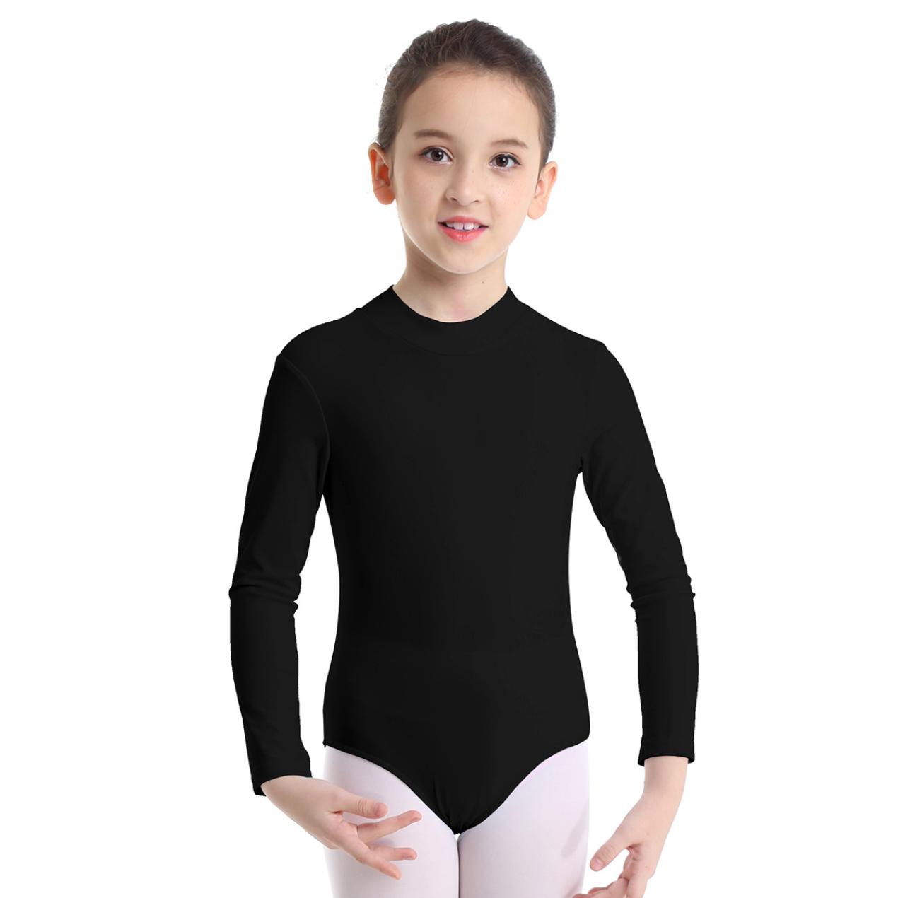 IEFiEL Kind Lange Mouw Mock Neck Professionele Ballet Dans Leotard Meisjes Gymnastiek Bodysuit Unitard 3-4 Years zwart