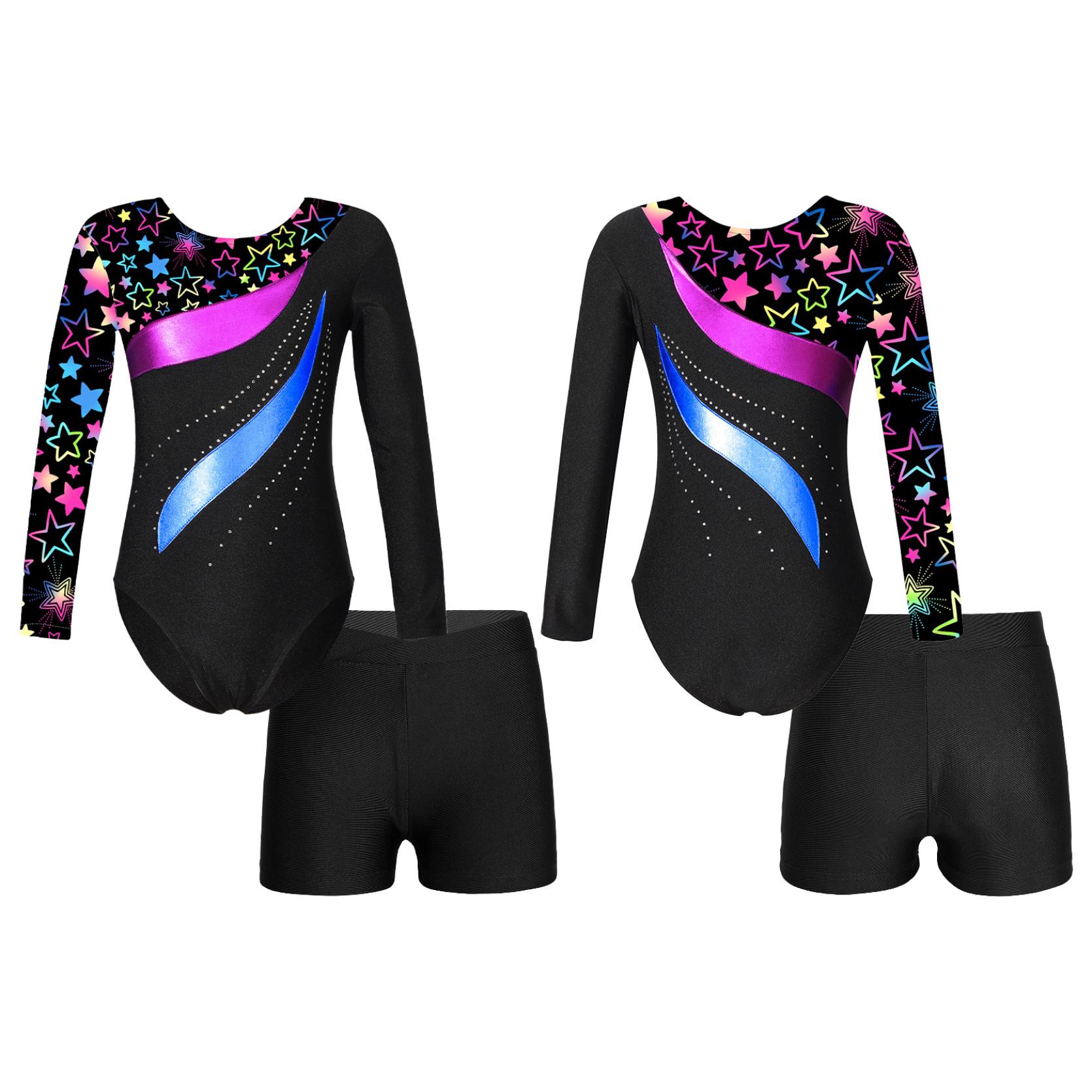 IEFiEL Kinderen meisjes lange mouw ronde hals glanzende strass decor turnpakje met shorts voor dans gymnastiektraining 9-10 Years