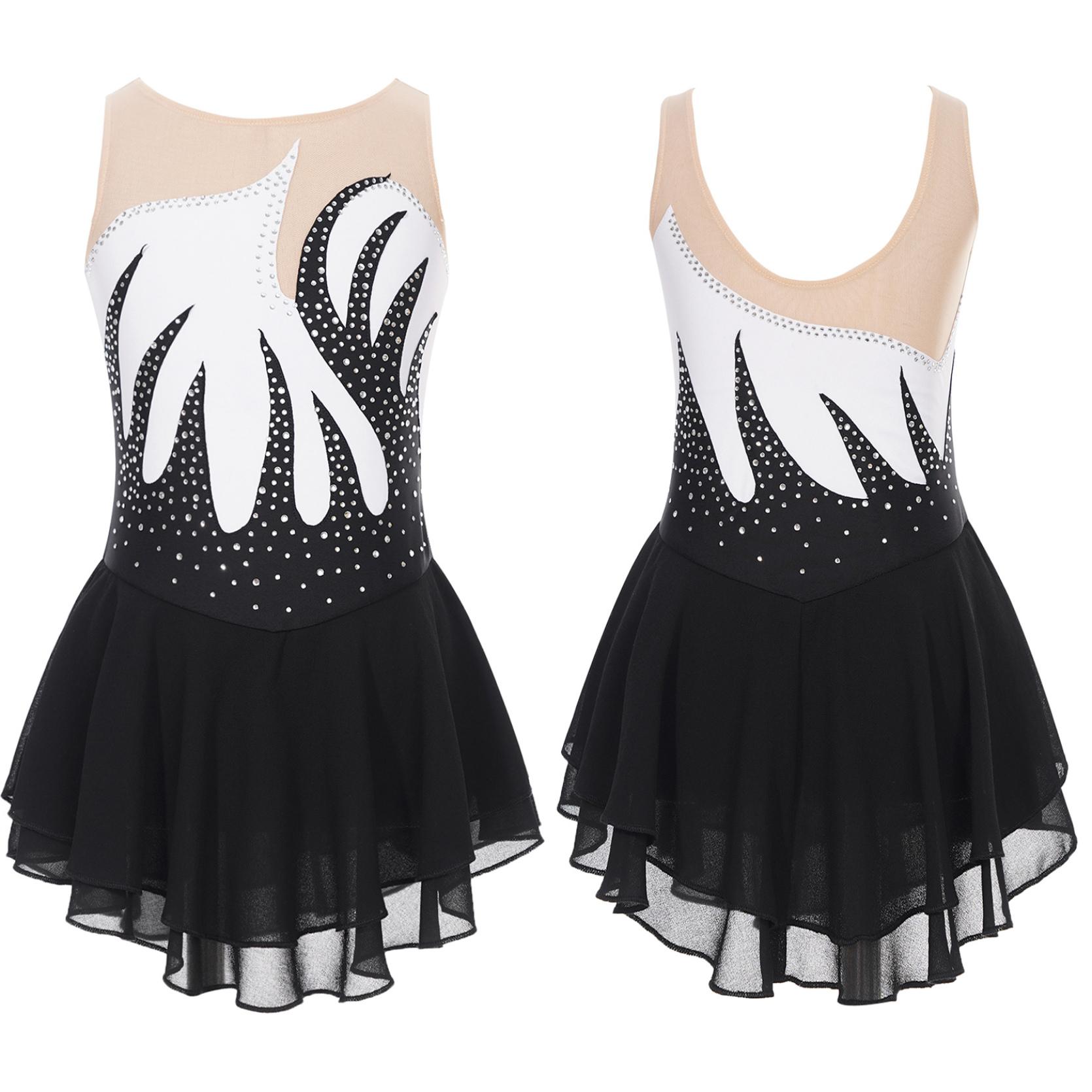 IEFiEL Meisjes Kunstschaatsen Prestatiekostuum Lyrische Dans Ballet Ritmische Gymnastiek Turnpakje Jurk Glanzende Strass Mesh Danskleding 11-12 Years