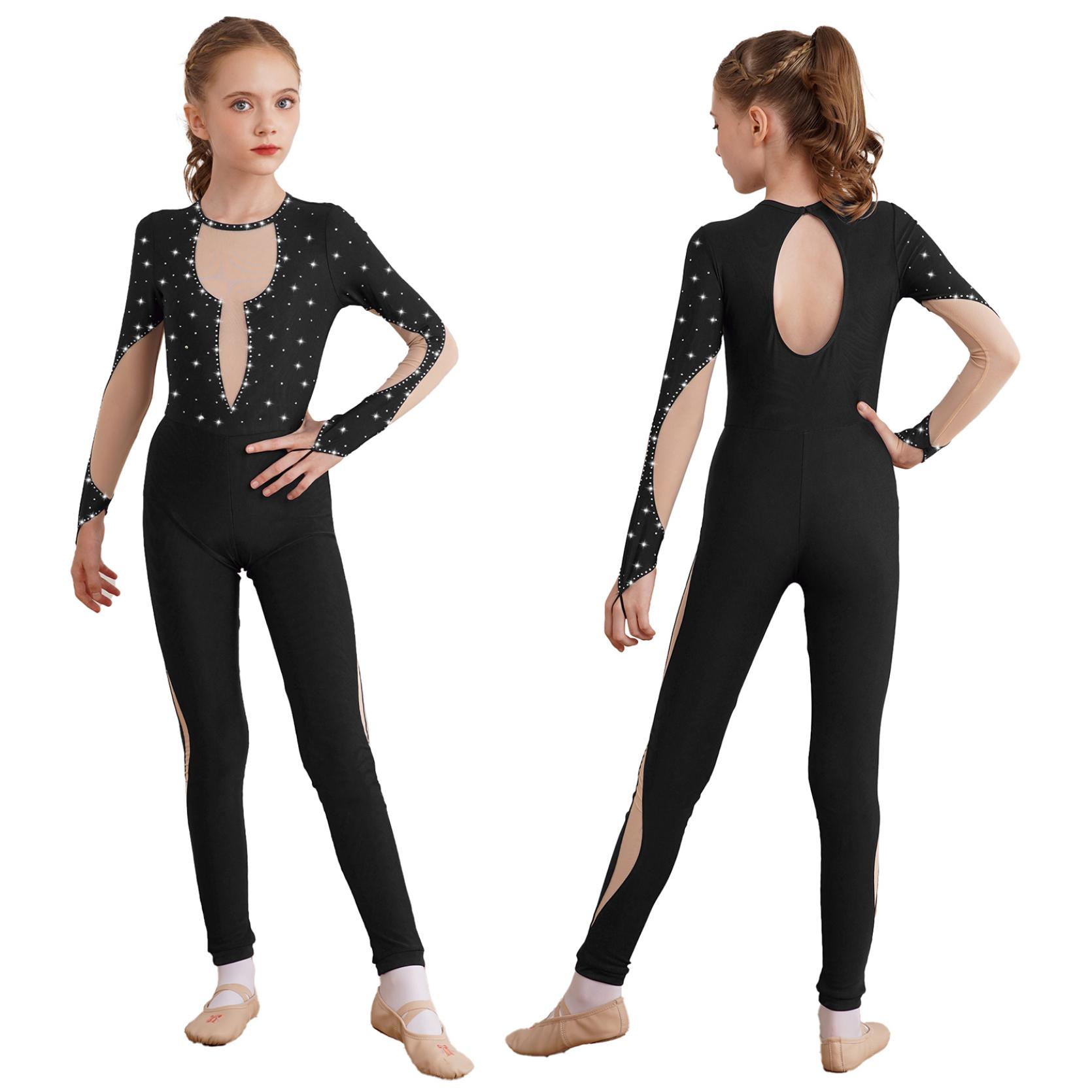 IEFiEL Kinderen meisjes glanzende gymnastiek unitard bodysuit lange mouw terug sleutelgat mesh patchwork schaatsen jumpsuit 9-10 Years zwart