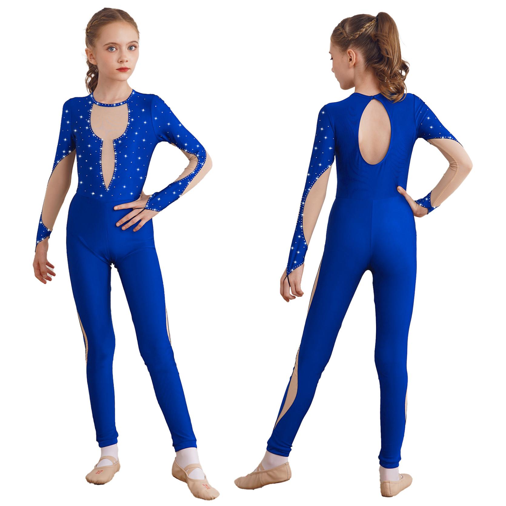 IEFiEL Kinderen meisjes glanzende gymnastiek unitard bodysuit lange mouw terug sleutelgat mesh patchwork schaatsen jumpsuit 9-10 Years koningsblauwe kleur