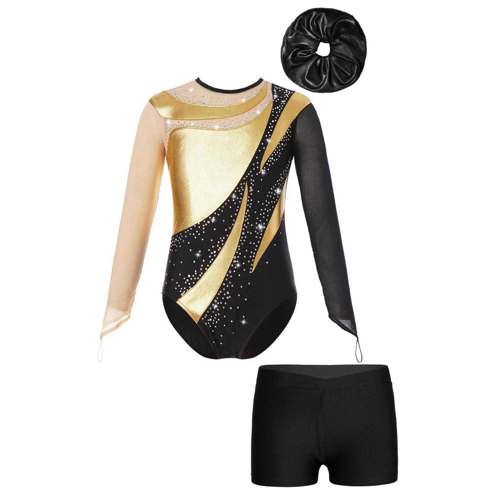IEFiEL Gymnastiekprestatie-outfit voor kinderen, meisjes, mesh, sleutelgatrug, glanzend turnpakje met V-voorkant, tailleband, shorts en haarband 11-12 Years