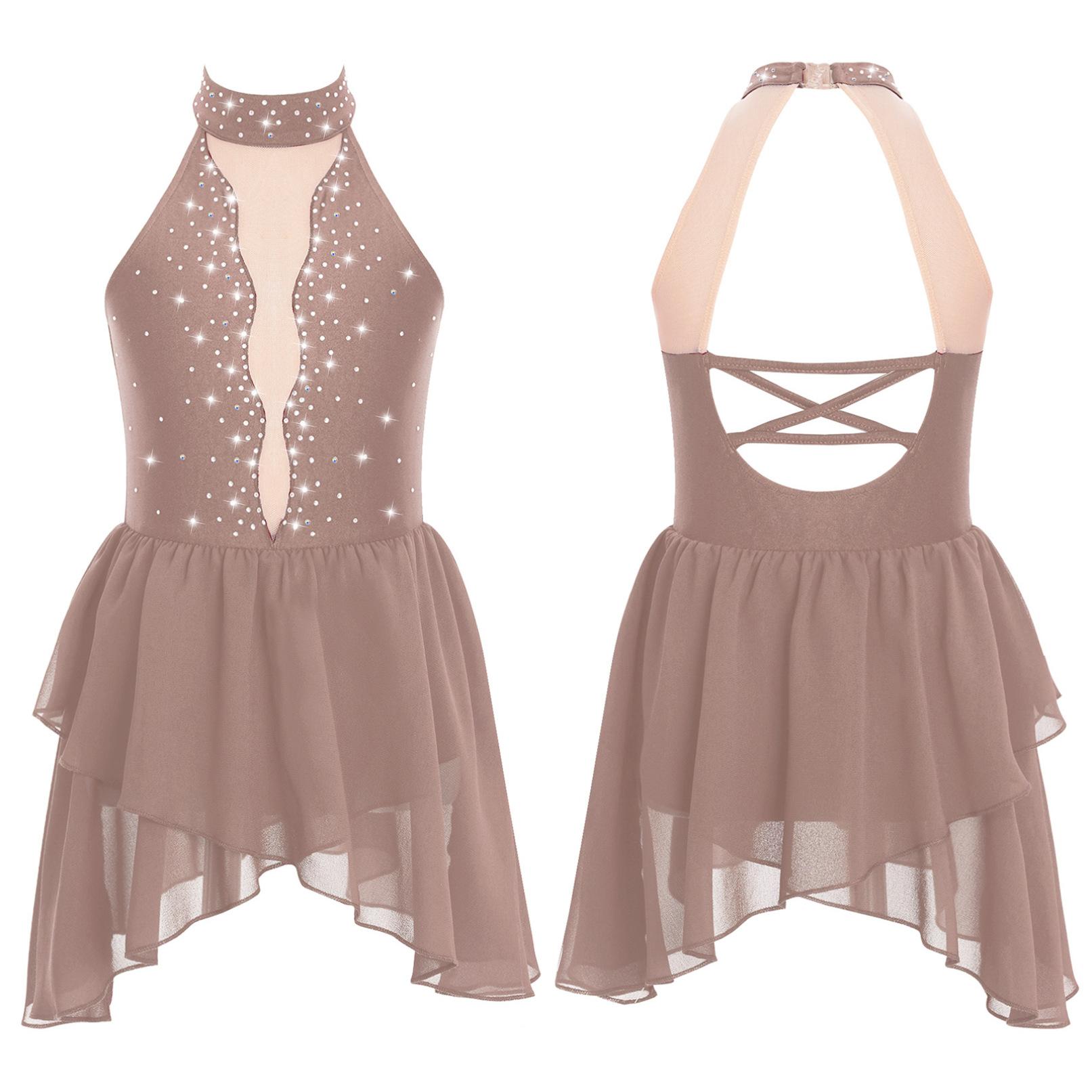 Manyakai Kinderen Meisjes Ballet Lyrische Dans Jurk Strass Kunstschaatsen Kostuum Mouwloos Sheer Mesh Gymnastiek Turnpakje Danskleding 7-8 Years koffie