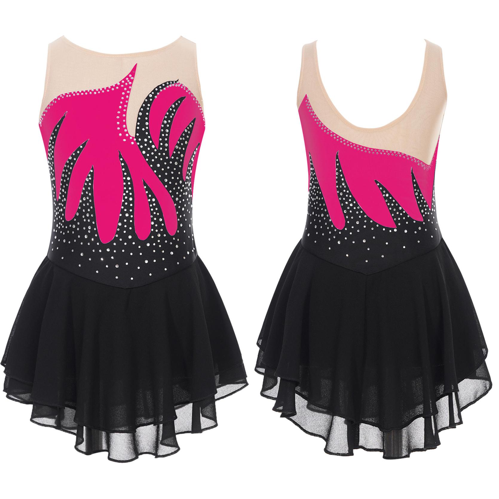IEFiEL Meisjes Kunstschaatsen Prestatiekostuum Lyrische Dans Ballet Ritmische Gymnastiek Turnpakje Jurk Glanzende Strass Mesh Danskleding 11-12 Years