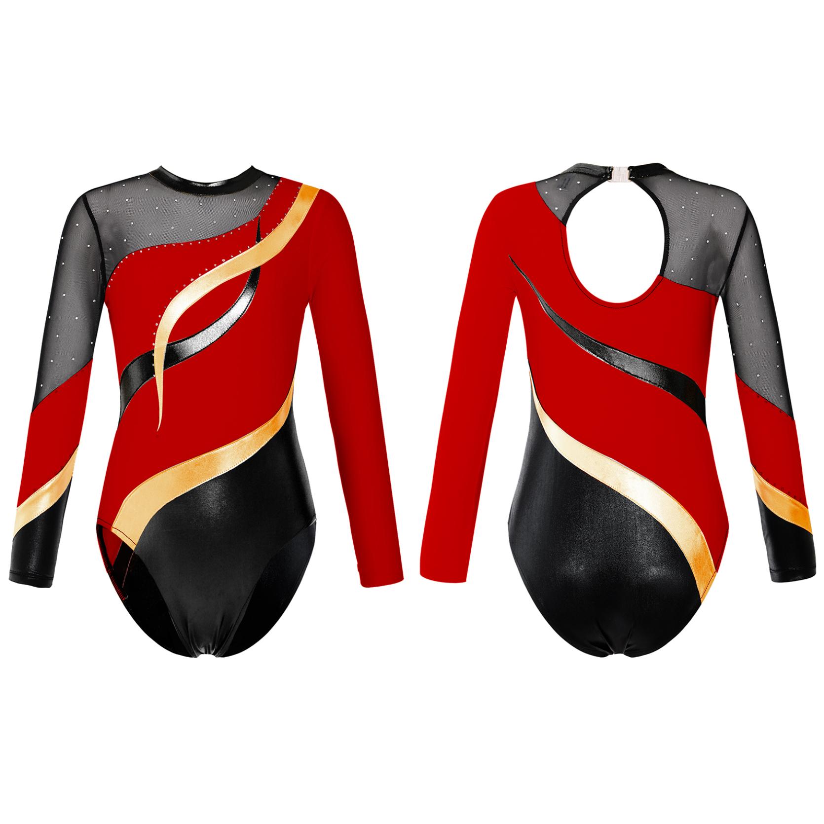 IEFiEL Kinderen meisjes lange mouw holle rug glanzende strass decor dans maillots voor gymnastiek trainingskleding 13-14 Years