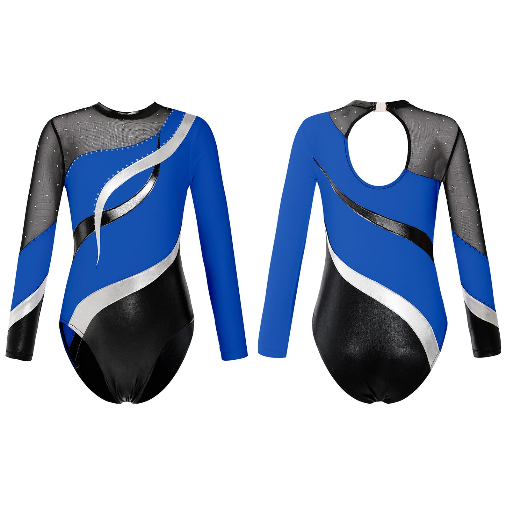 IEFiEL Kinderen meisjes lange mouw holle rug glanzende strass decor dans maillots voor gymnastiek trainingskleding 9-10 Years koningsblauwe kleur