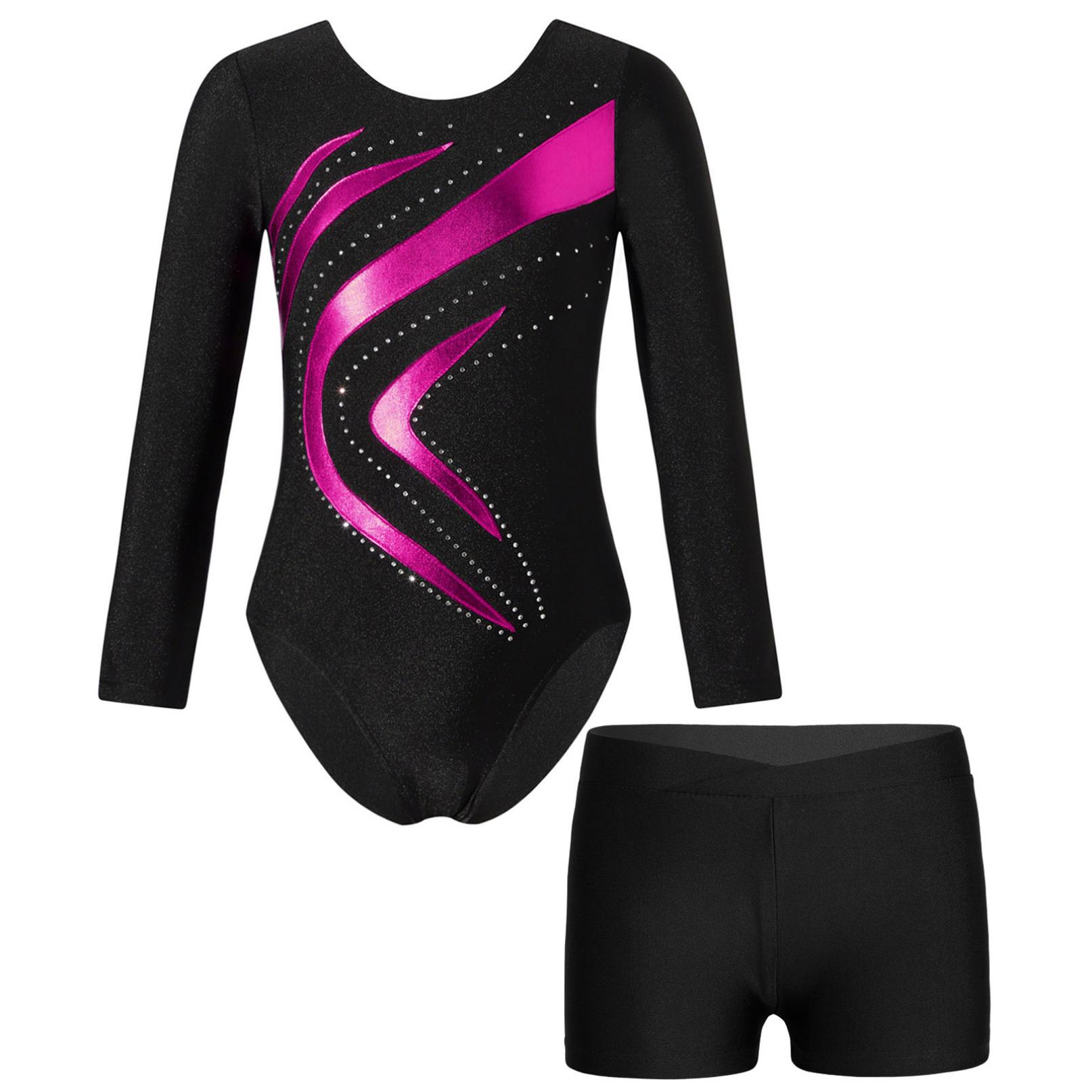 Inlzdz Kinderen Meisjes Lange Mouw Gymnastiek Dans Ballet Turnpakje met Shorts Atletische Workout Yoga Sportkleding Danskleding 7-8 Years warm roze kleur