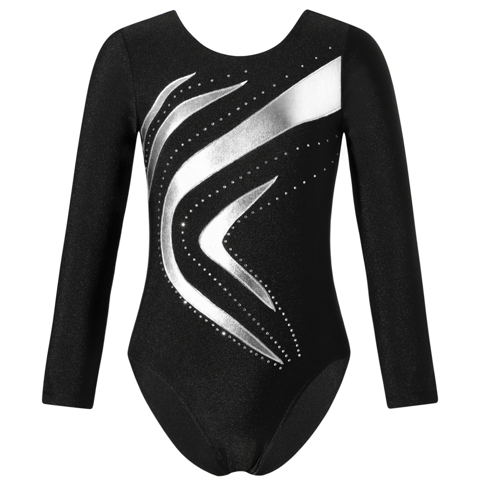IEFiEL Kinderen meisjes glanzend strass decor gymnastiek turnpakje ronde hals lange mouw fitness dans bodysuit outfit 11-12 Years