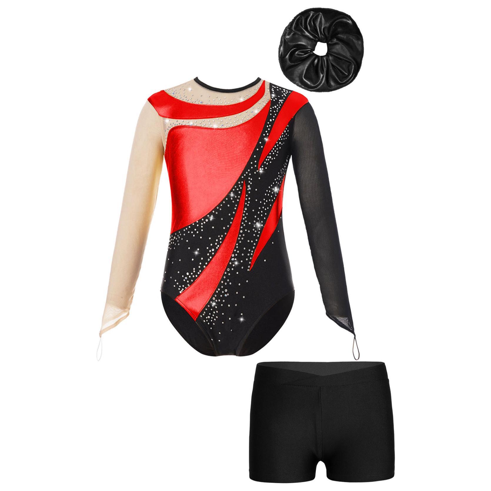 IEFiEL Gymnastiekprestatie-outfit voor kinderen, meisjes, mesh, sleutelgatrug, glanzend turnpakje met V-voorkant, tailleband, shorts en haarband 15-16 Years