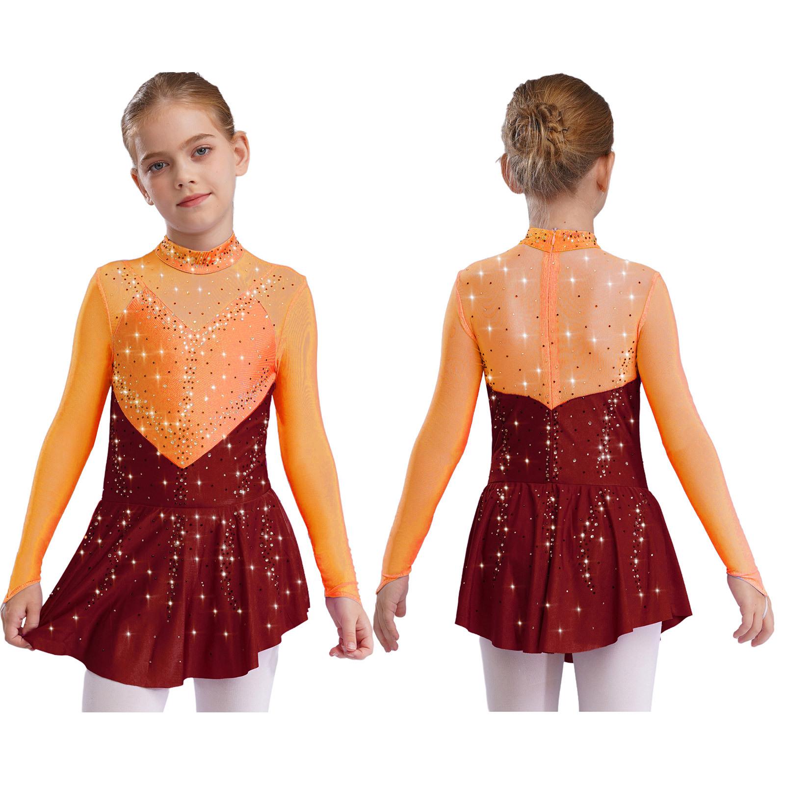 Aislor Kinderen Meisjes Kunstschaatsen Dansjurken Mock Neck Lange Mouw Kleurblok Transparant Mesh Patchwork Glanzende Strass Jurk 9-10 Years