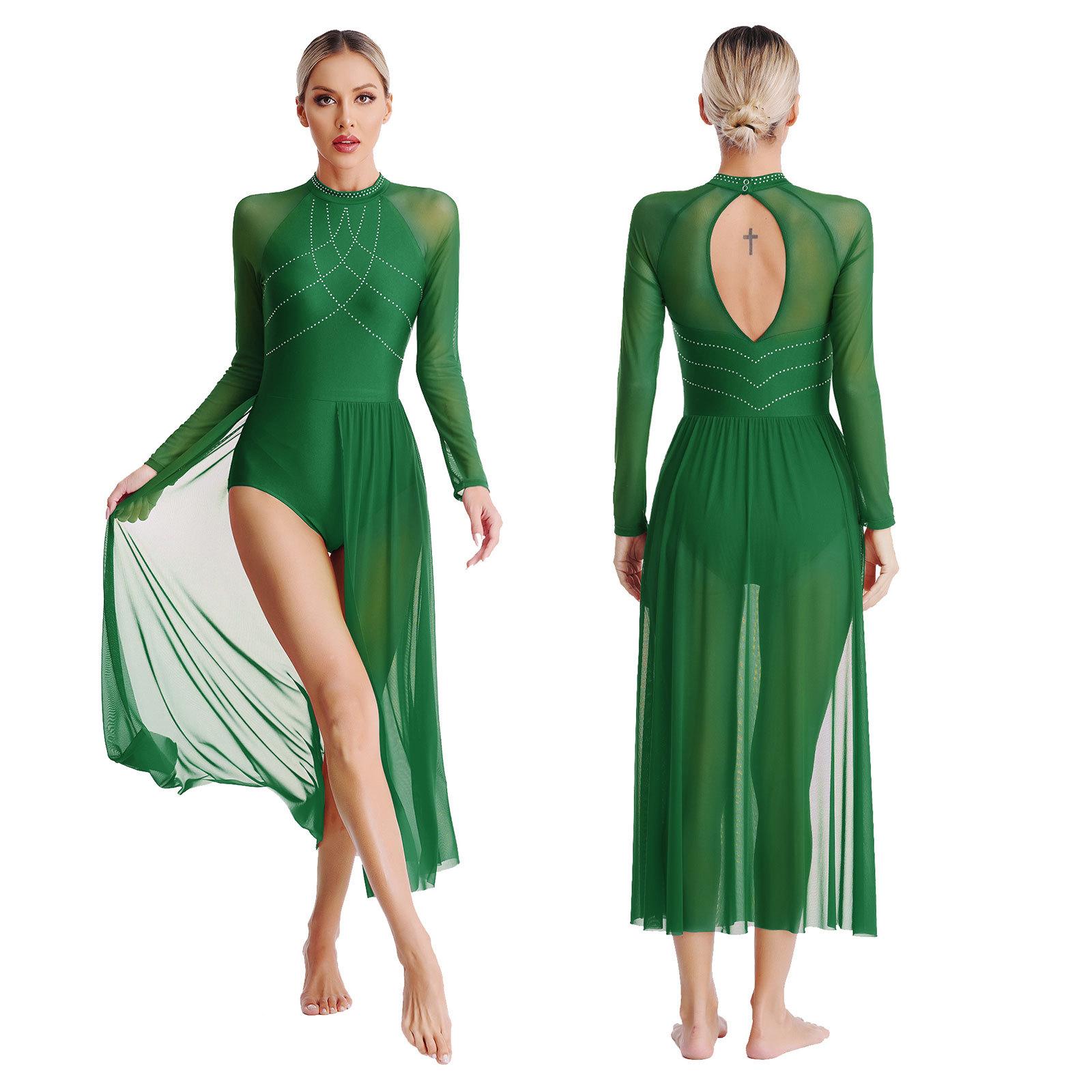 HULIJA Lyrische danskostuum voor dames, glinsterende strass-steentjes, ballet, moderne ballroom danskleding, vloeiende splitjurk, lange jurk M groen