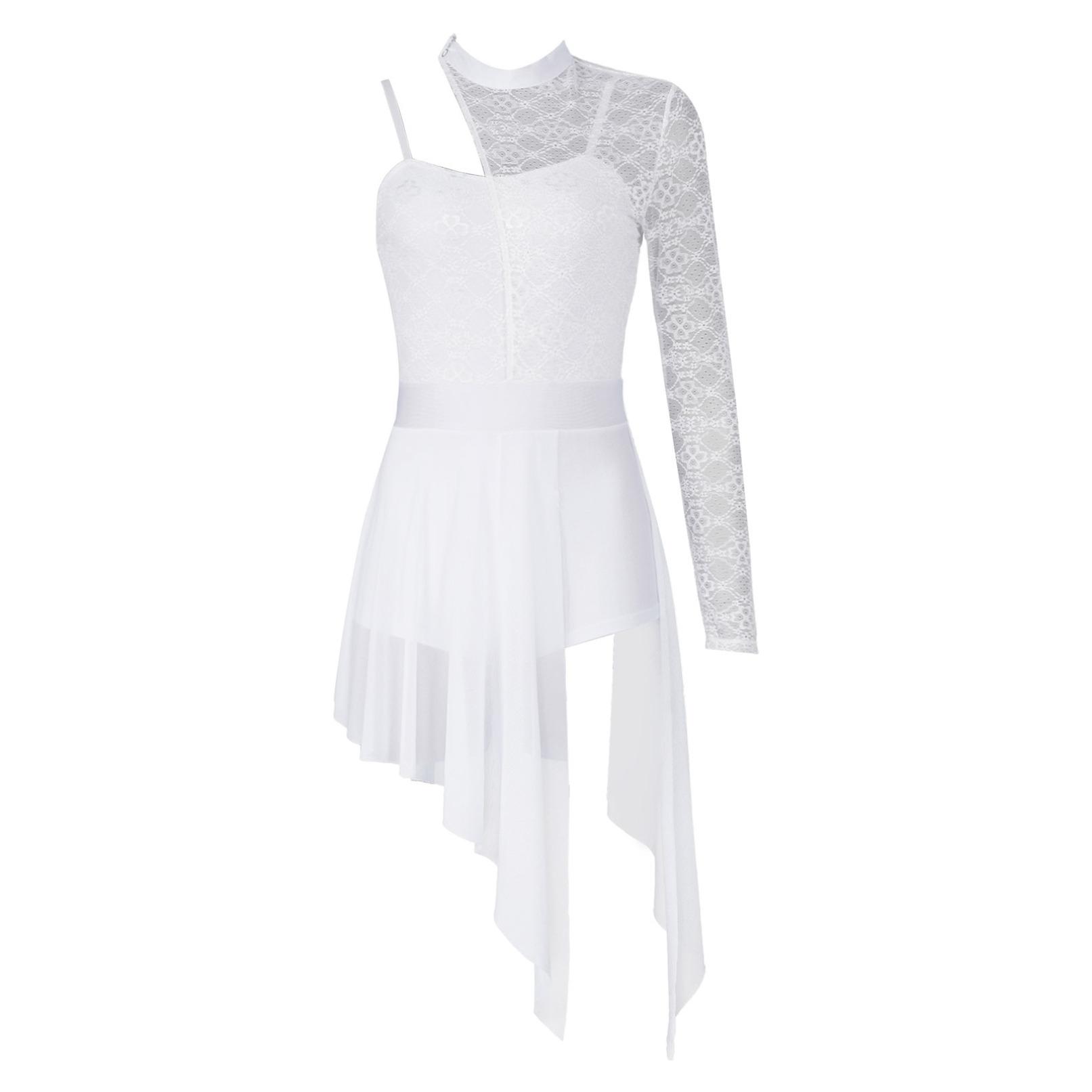 YONGHS Dames lyrische moderne dansjurk kunstschaatskostuum één schouder split doorzichtige mesh asymmetrische zoom dansjurken M