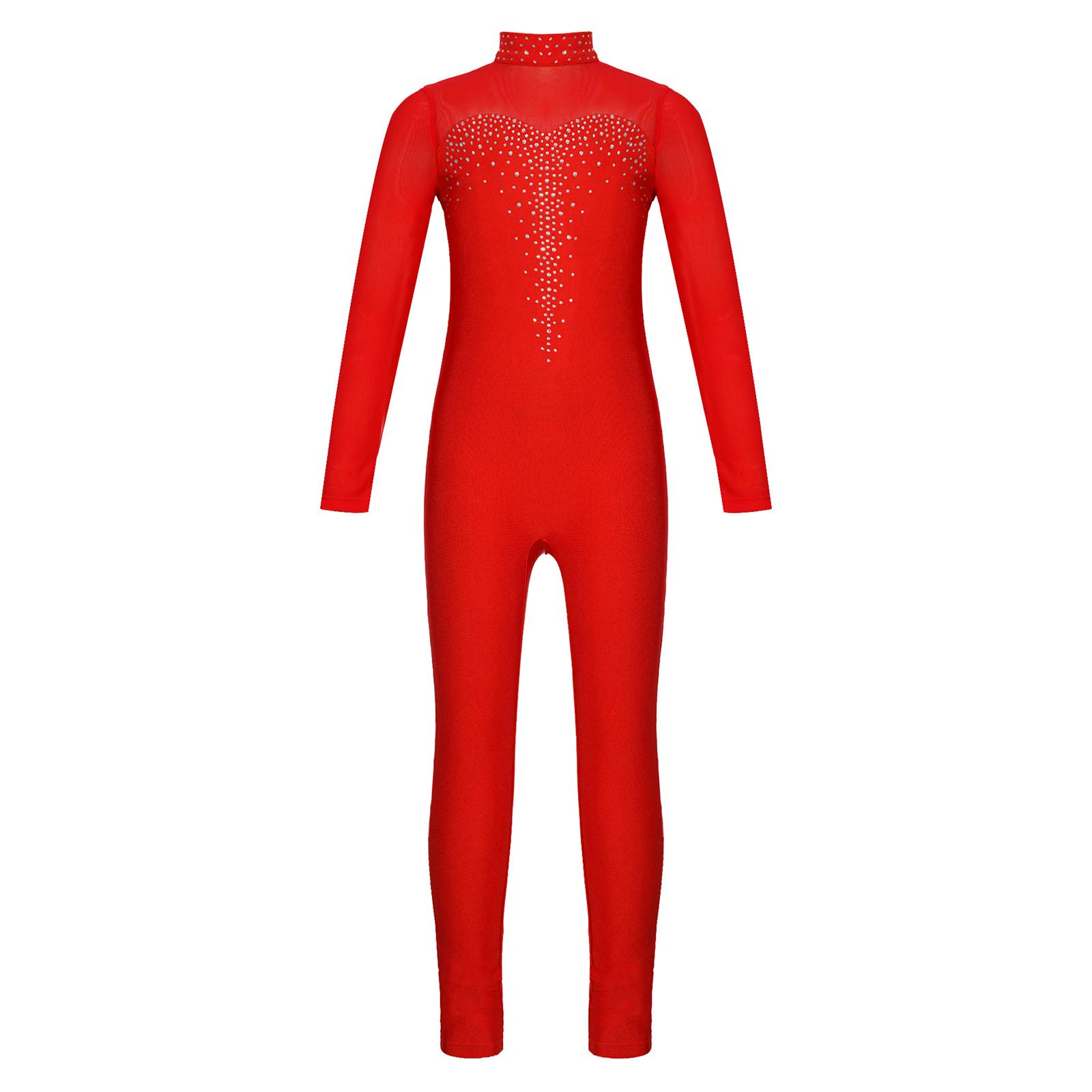Inlzdz Meisjes Kunstschaatsen Unitard Glanzende Strass Jumpsuit Transparant Mesh Lange Mouw 7-8 Years rood