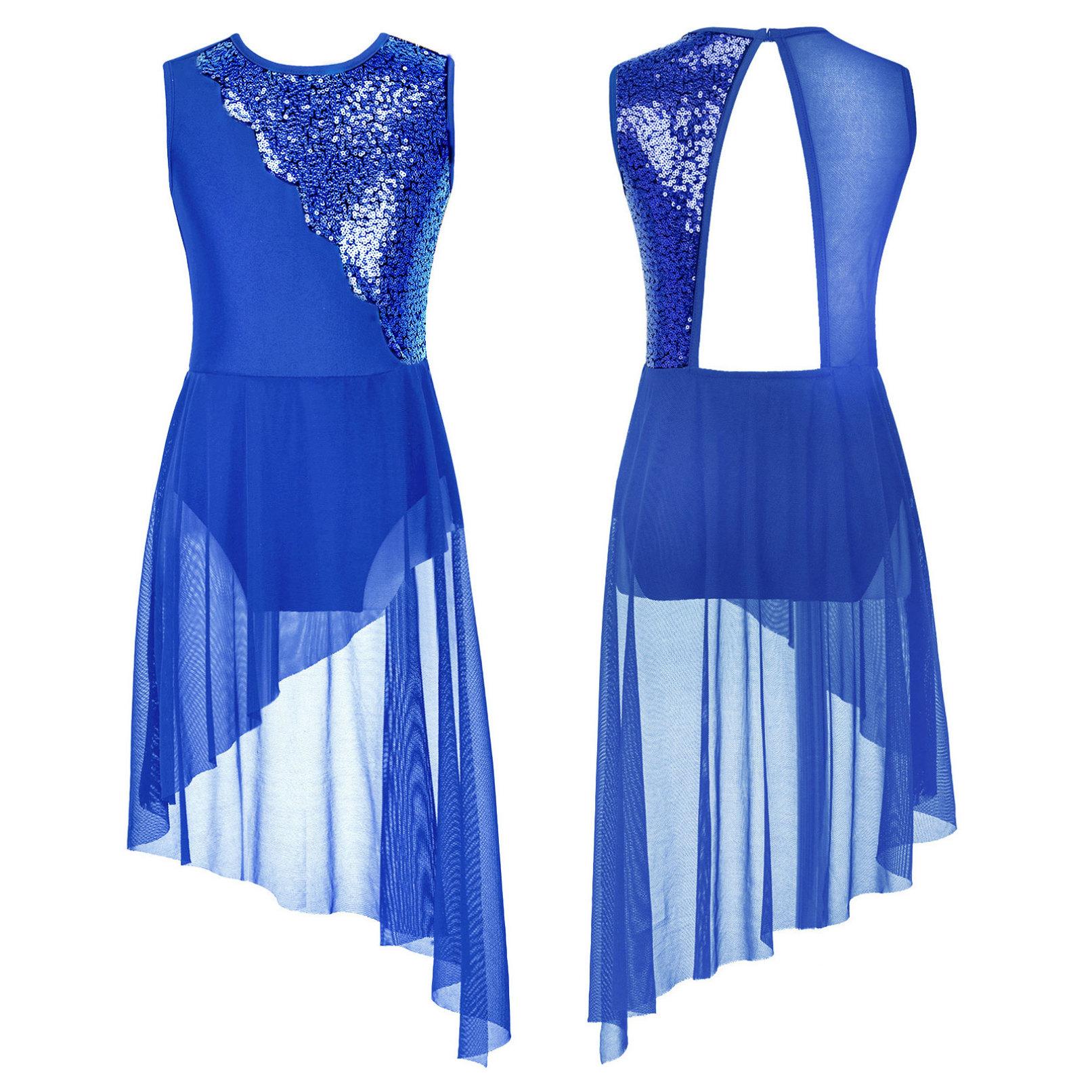YONGHS Kinderen Meisjes Mouwloze Ronde Hals Pailletten Lyrische Dans Jurk Onregelmatige Zoom Holle Rug Gymnastiek Ballet Turnpakje Jurk 7-8 Years koningsblauwe kleur