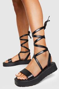 Boohoo Brede Dikke Sandalen Met Plateauzool En Strik, Black