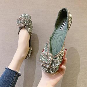 SORYUEe Women Ballet Flats Crystal Diamond Dress Flats Ladies Single Shoes Rhinestone Glitter Square Toe