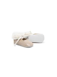 faux-fur trim bow glitter slippers - Goud