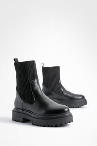 Boohoo Gebreide Chelsea Boots Met Dikke Zool, Black