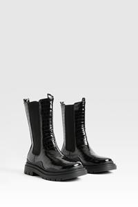 Boohoo Wide Fit Calf Height Croc Chelsea Boots, Black
