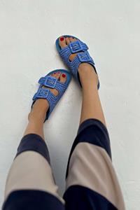 Momoc Damen vegan Sandalen Raffia Blau