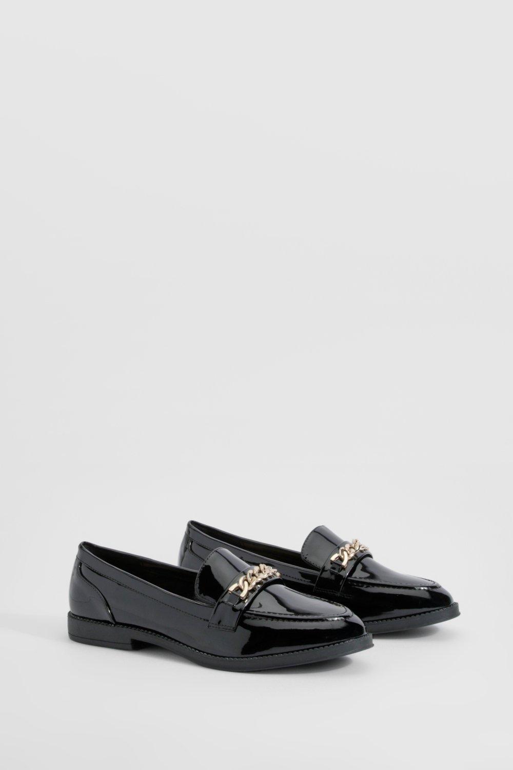 Boohoo Wide Fit Chain Trim Patent Loafers, Black